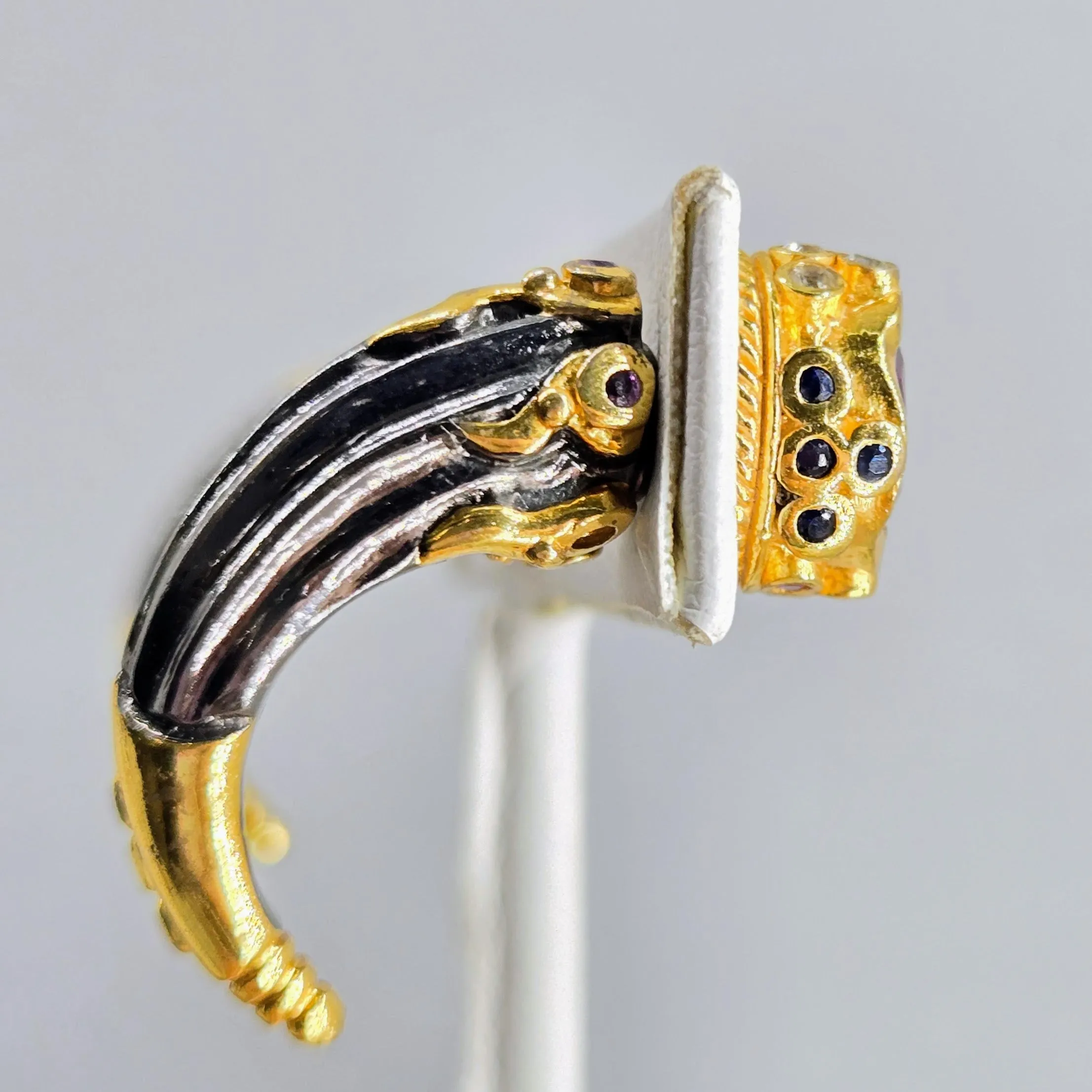 "Daggers" 1.25" Earring - Amethyst, Multi-color Sapphire, Black Sterling, 18k Gold