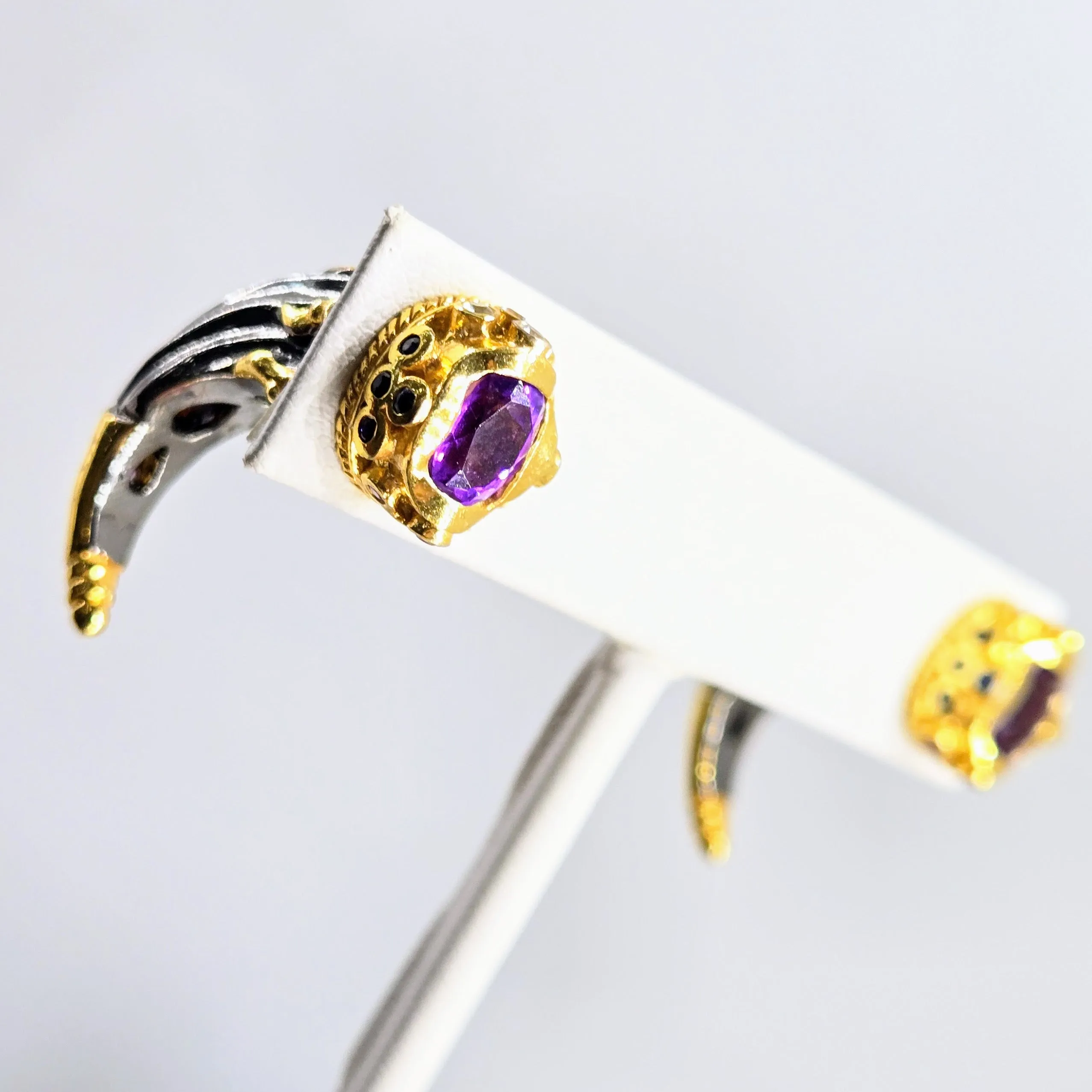 "Daggers" 1.25" Earring - Amethyst, Multi-color Sapphire, Black Sterling, 18k Gold