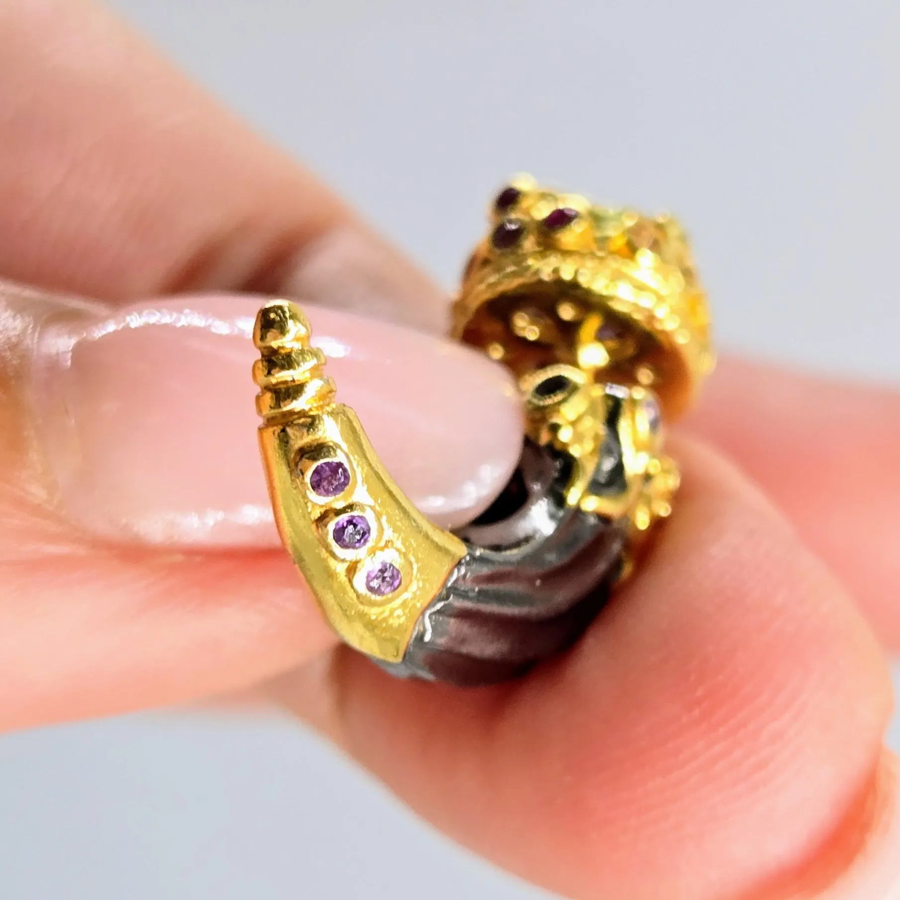 "Daggers" 1.25" Earring - Amethyst, Multi-color Sapphire, Black Sterling, 18k Gold