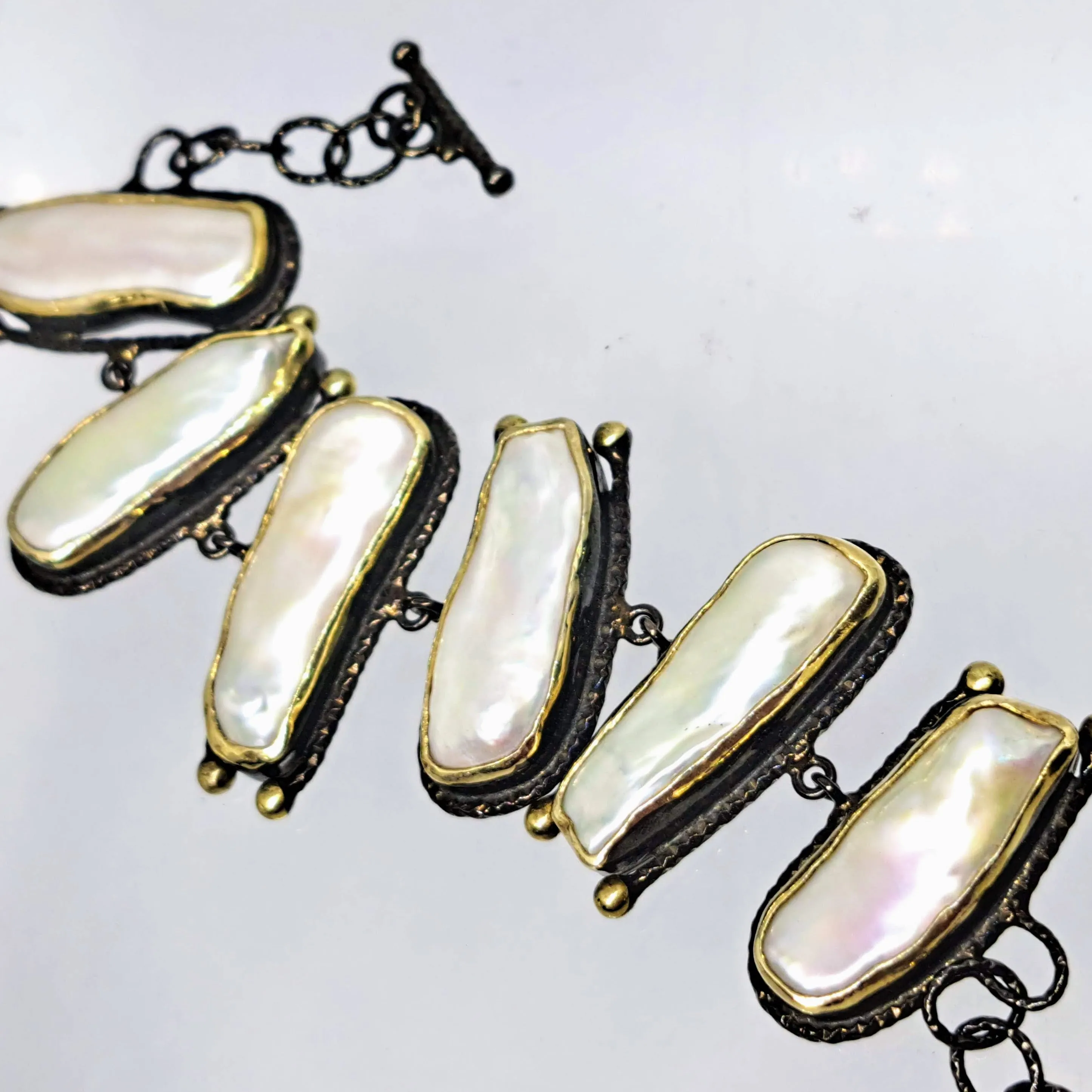"Stairway to Heaven" 7-8" Bracelet - Stick Pearls Black Sterling, 18K