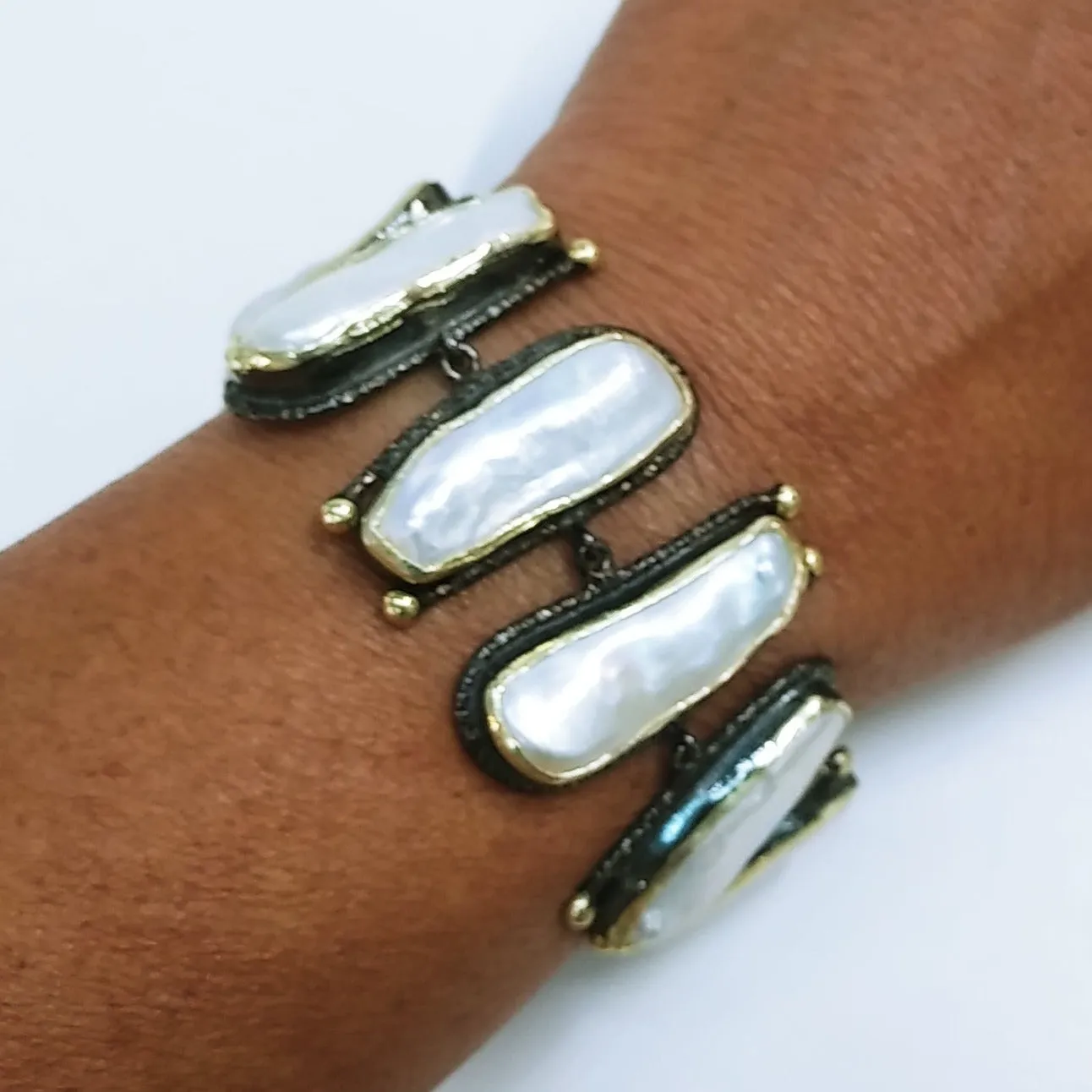 "Stairway to Heaven" 7-8" Bracelet - Stick Pearls Black Sterling, 18K