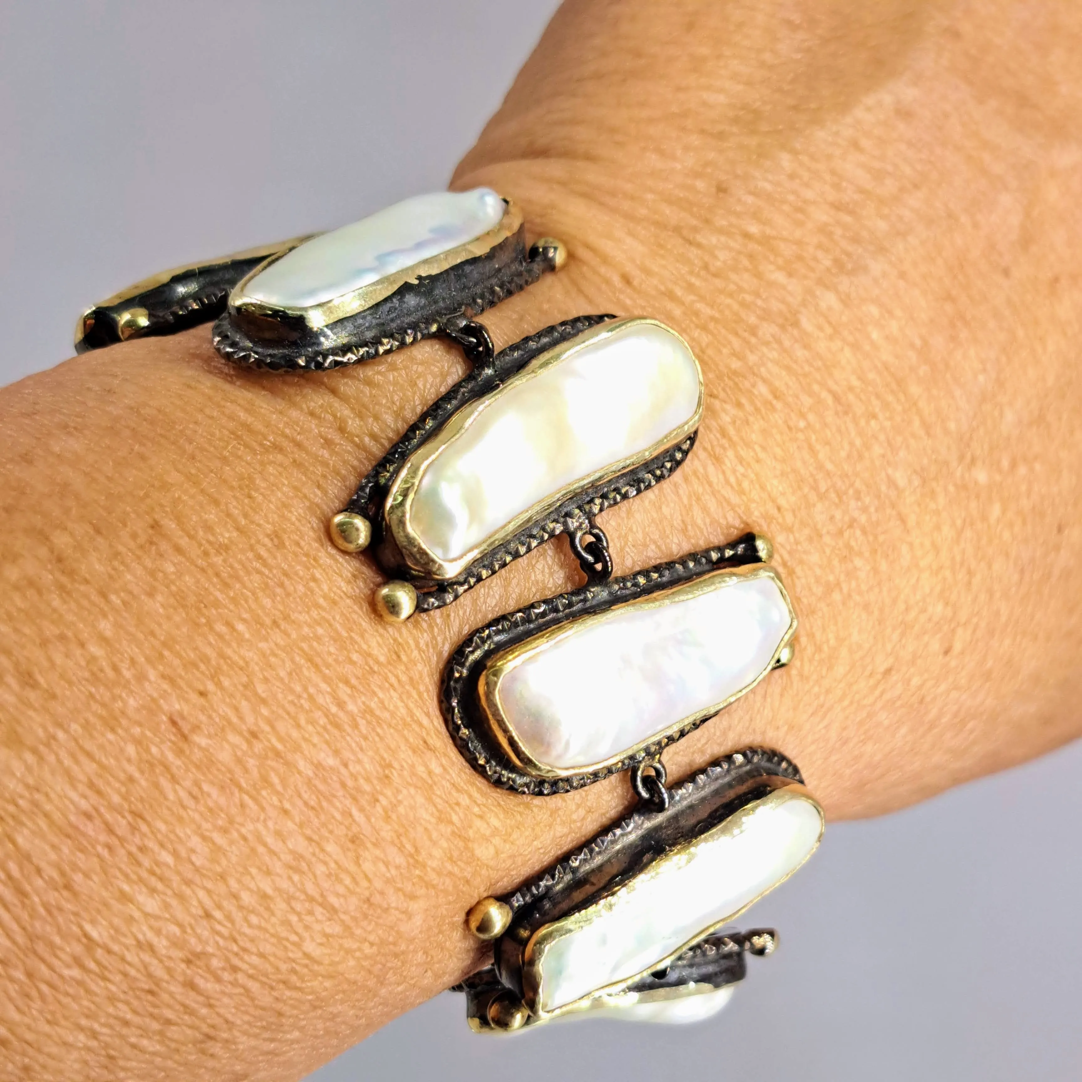 "Stairway to Heaven" 7-8" Bracelet - Stick Pearls Black Sterling, 18K