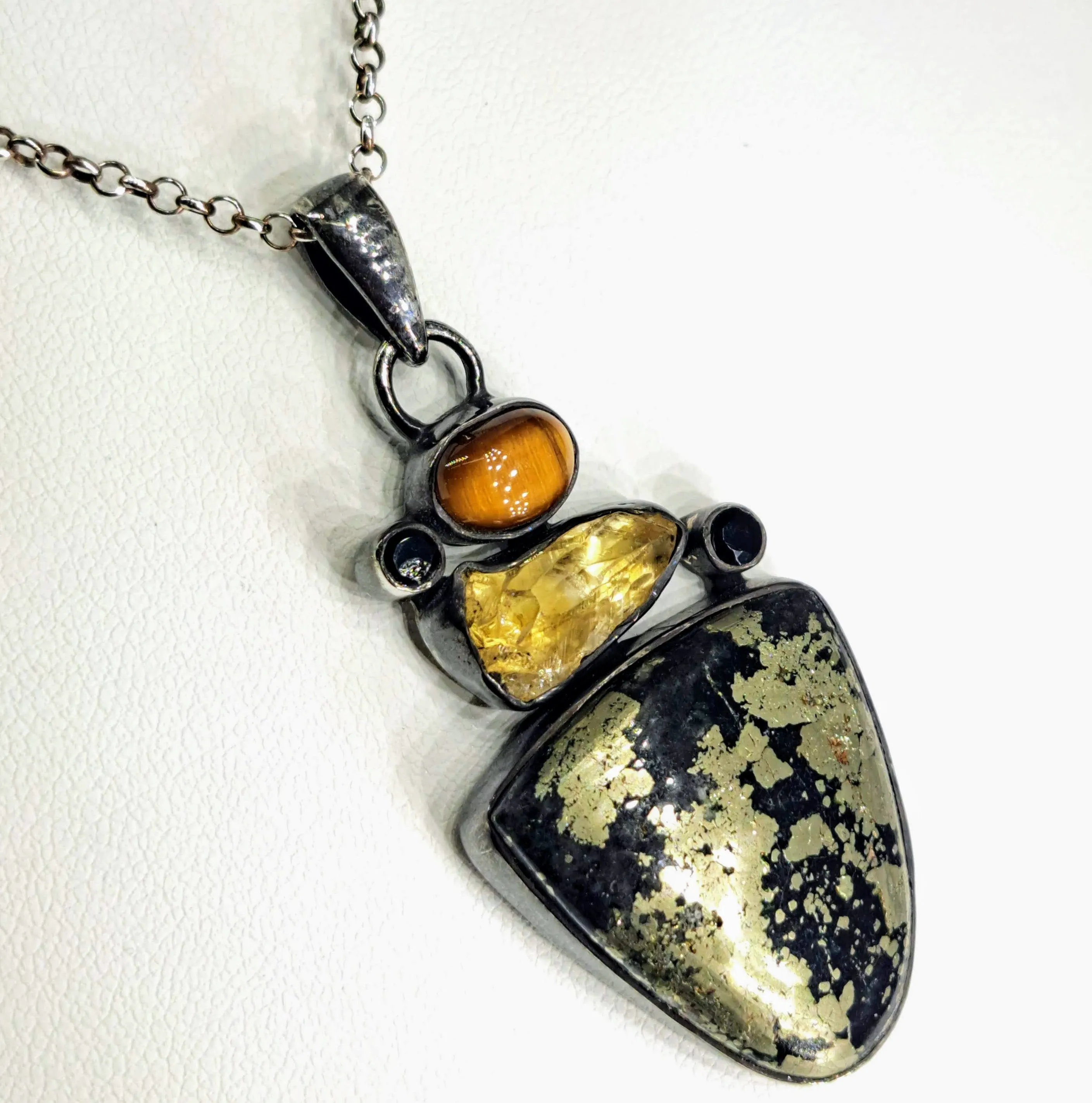 "Texas Tea" 2.25" Pendant 18" Necklace - Black Pyrite, Citrine, Tiger Eye, Onyx, Sterling