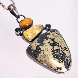 "Texas Tea" 2.25" Pendant 18" Necklace - Black Pyrite, Citrine, Tiger Eye, Onyx, Sterling