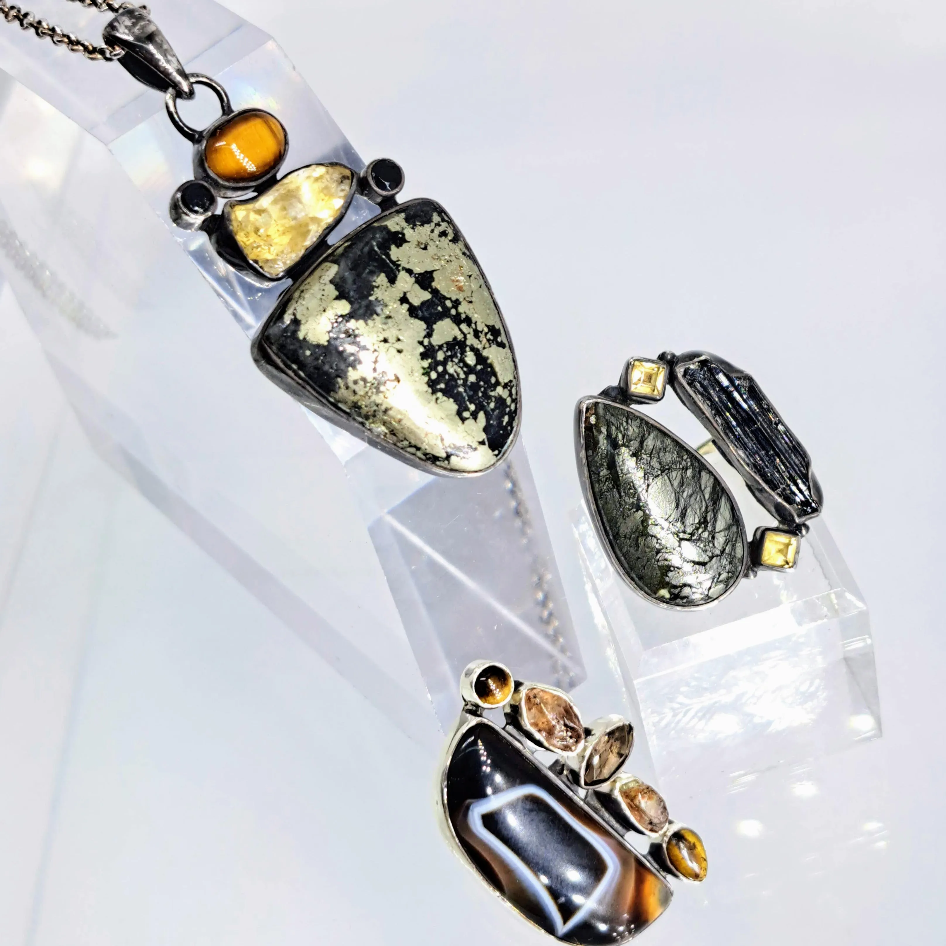 "Texas Tea" 2.25" Pendant 18" Necklace - Black Pyrite, Citrine, Tiger Eye, Onyx, Sterling