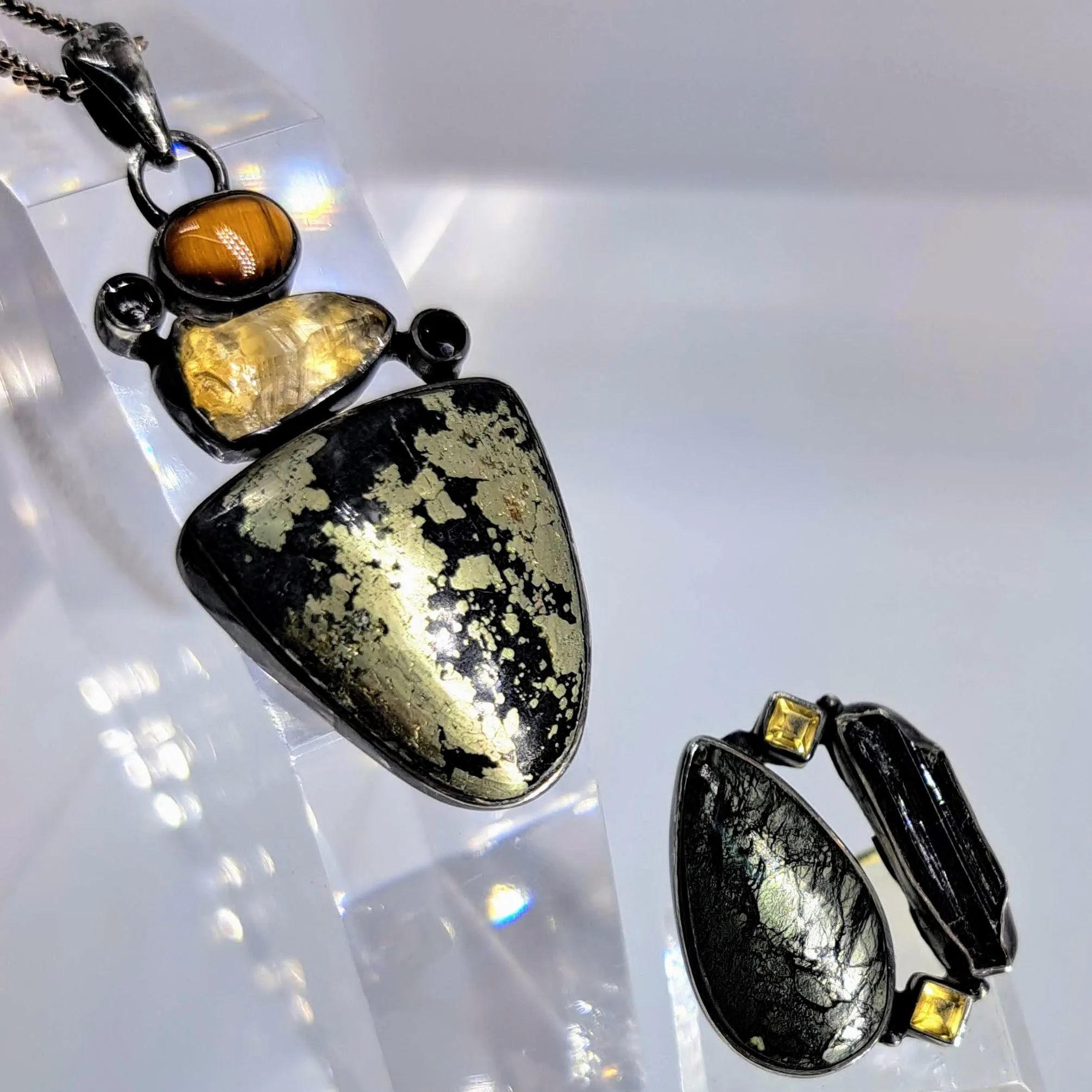 "Texas Tea" 2.25" Pendant 18" Necklace - Black Pyrite, Citrine, Tiger Eye, Onyx, Sterling