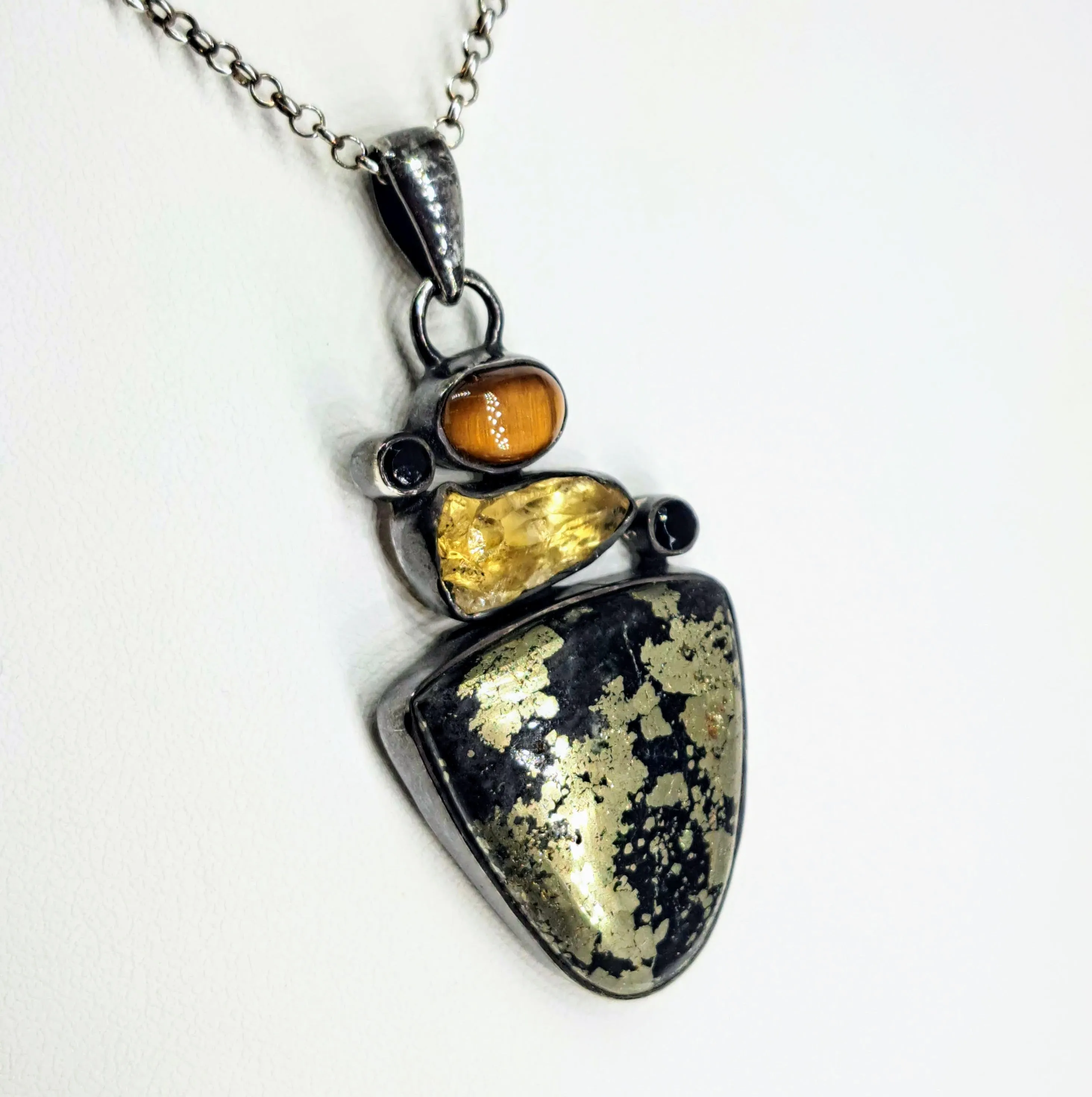 "Texas Tea" 2.25" Pendant 18" Necklace - Black Pyrite, Citrine, Tiger Eye, Onyx, Sterling