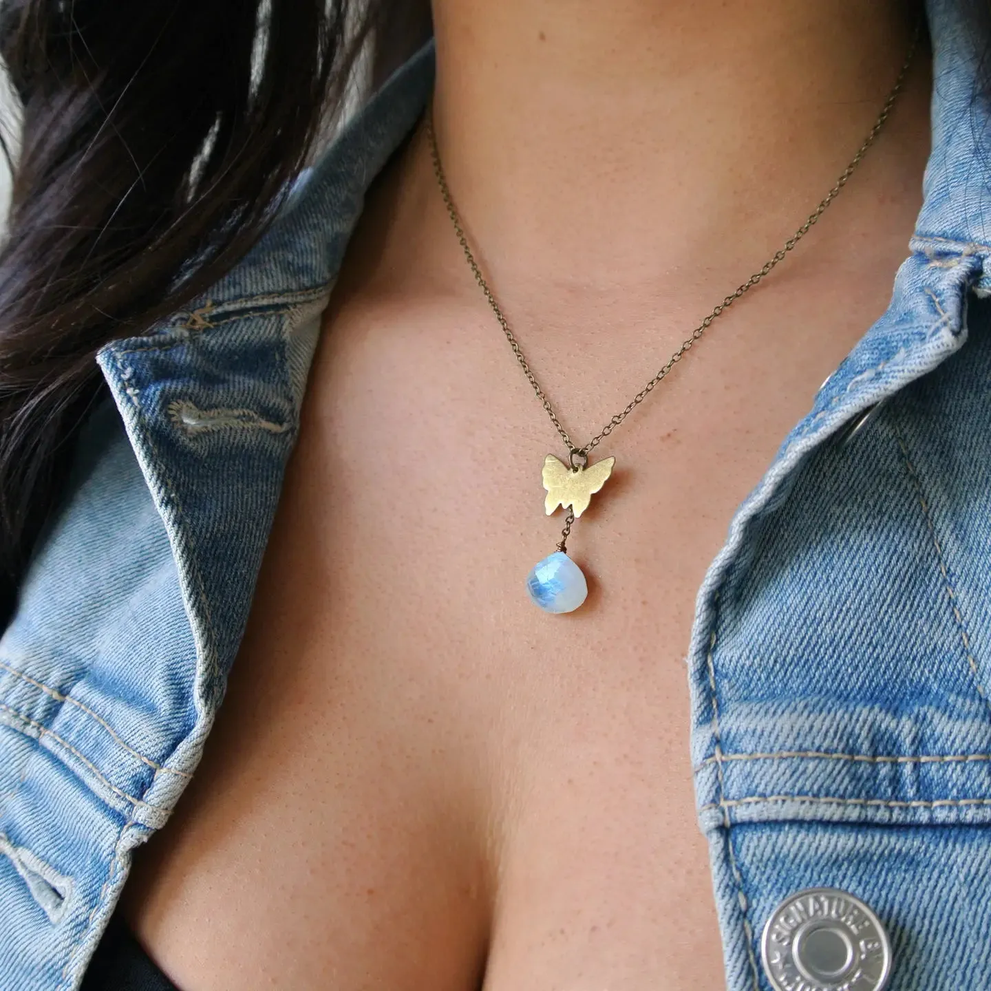 Rainbow Moonstone Cute Butterfly Charm Necklace