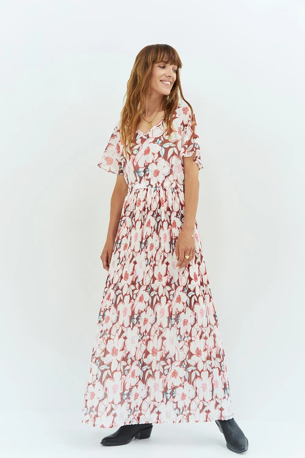 RAMIA - Robe longue écrue à imprimé camelia arty
