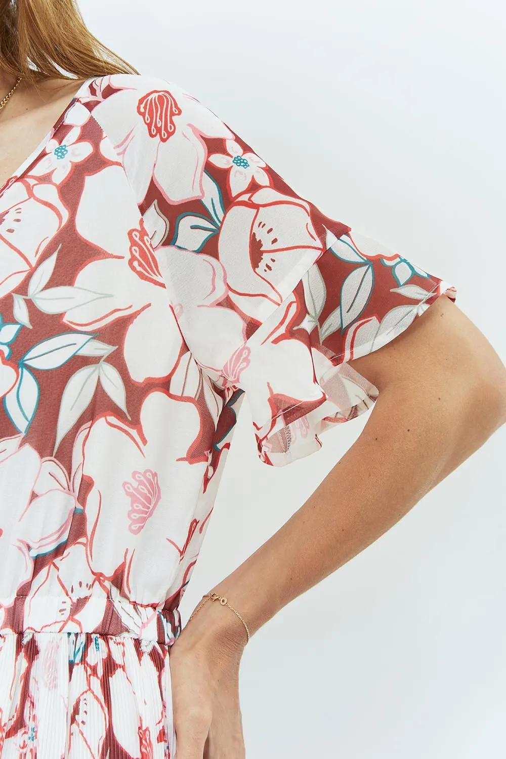 RAMIA - Robe longue écrue à imprimé camelia arty