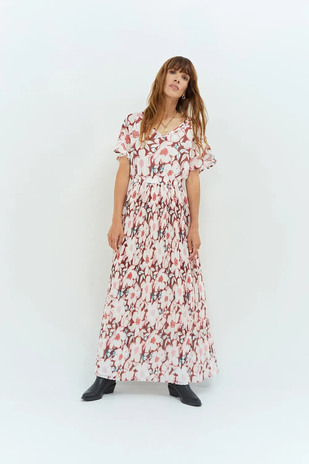 RAMIA - Robe longue écrue à imprimé camelia arty