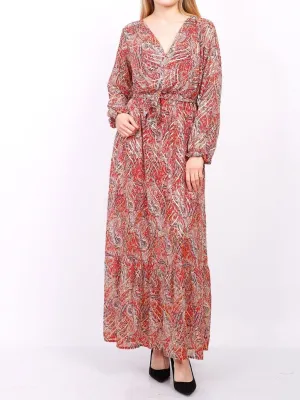 Red Gold Detail Wrap Front Long Sleeves Maxi Dress