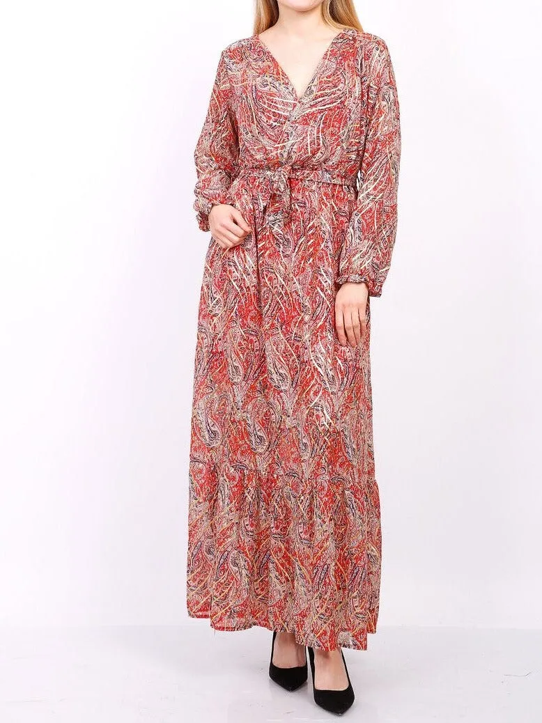 Red Gold Detail Wrap Front Long Sleeves Maxi Dress