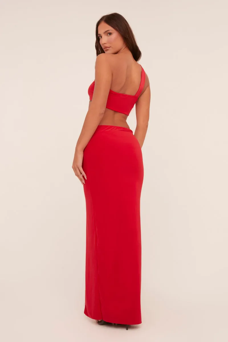 Red One Shoulder Crop Top & Twist Detail Maxi Skirt Co-ord Set - Kacie