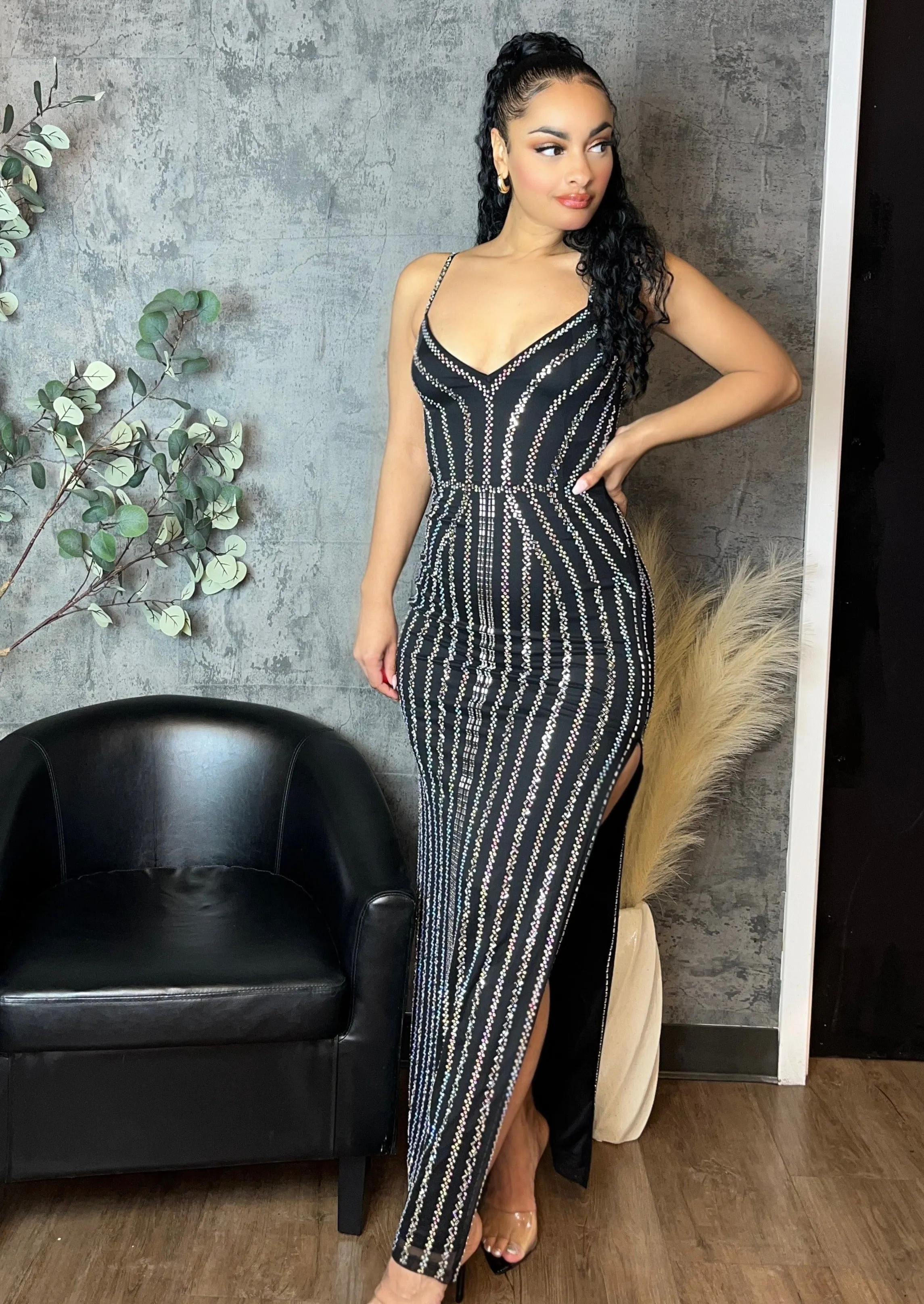 Rhinestone Side Slit Maxi Dress