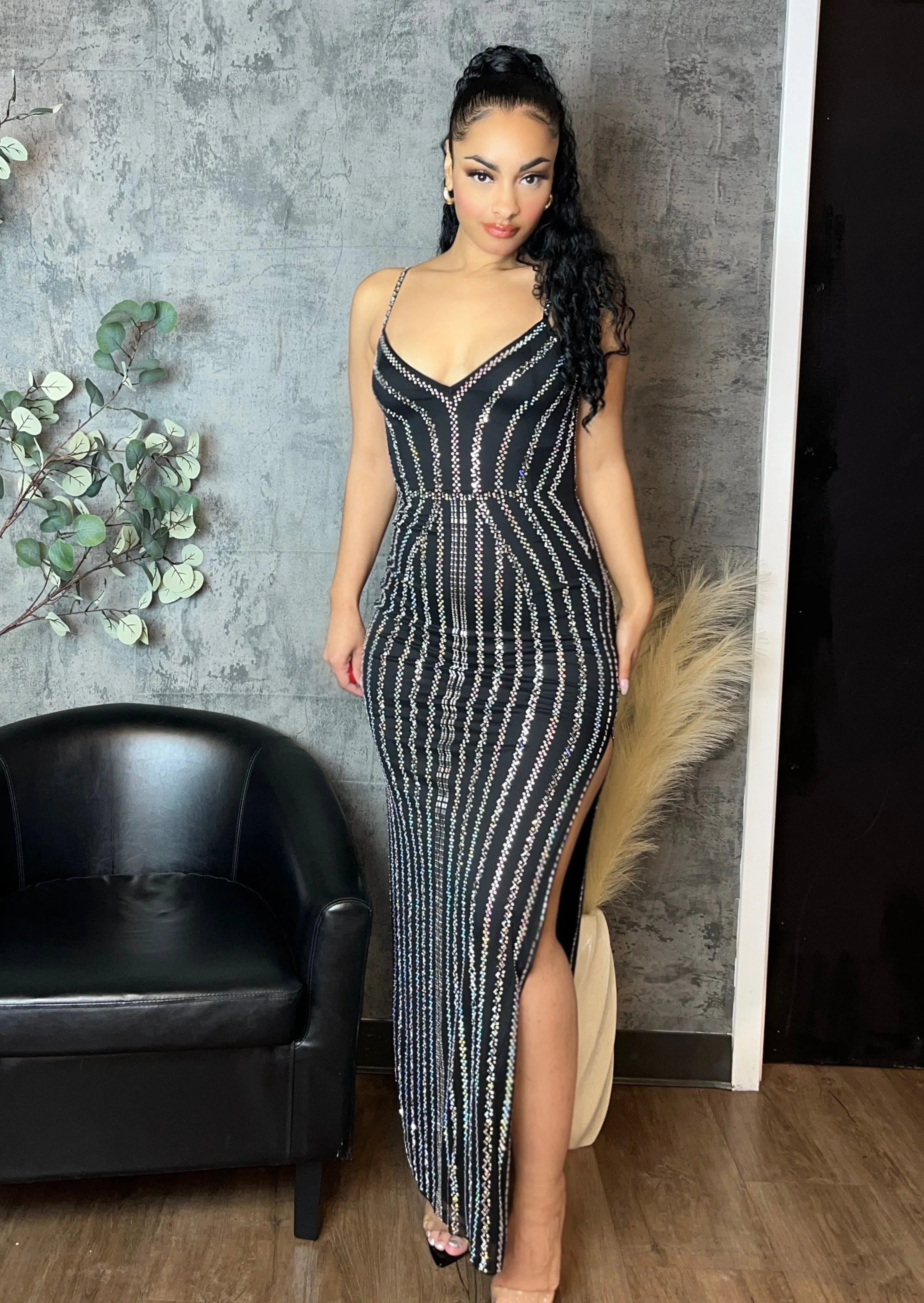 Rhinestone Side Slit Maxi Dress