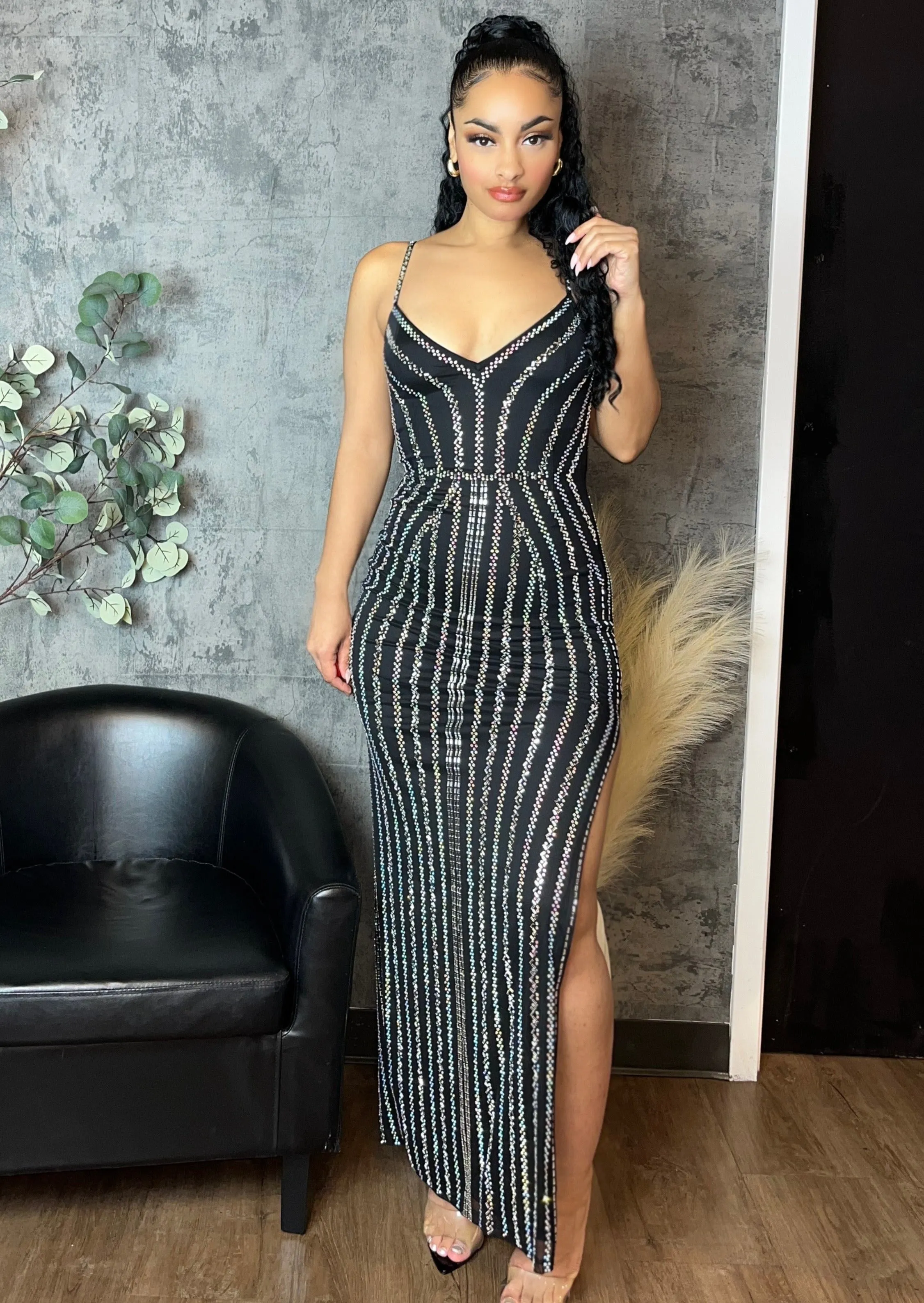 Rhinestone Side Slit Maxi Dress