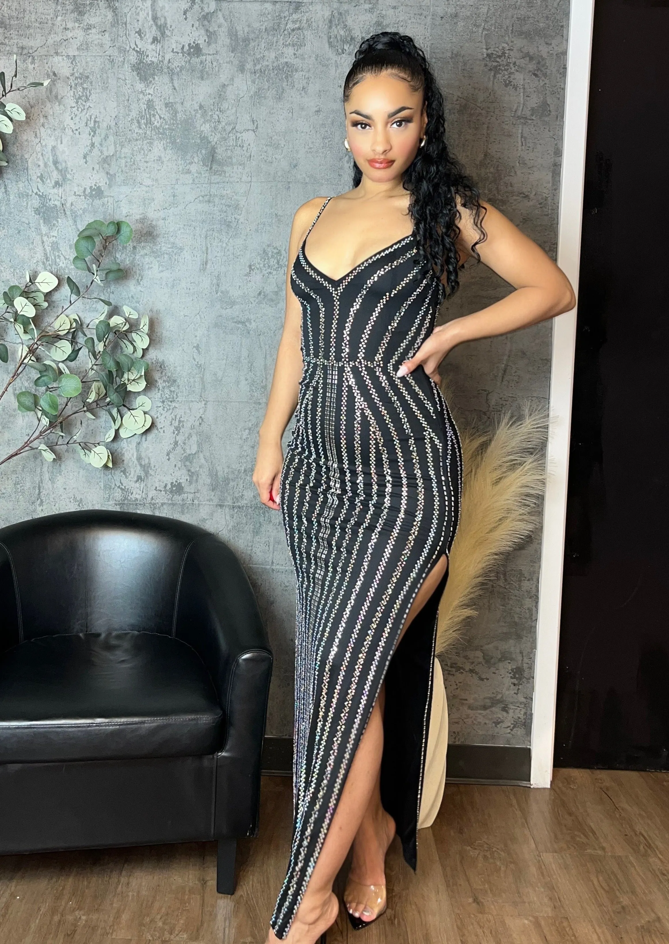 Rhinestone Side Slit Maxi Dress