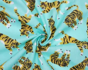 Roaming Tigers Aqua Polycotton Children Fabric