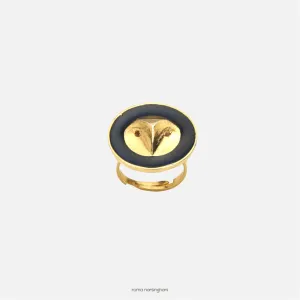 Roma Narsinghani Owl ring Ring The piece is set in brass, hand enameled with 18KT gold finesse. Each piece is unique and handcrafted by our artisans. RNLOVE08