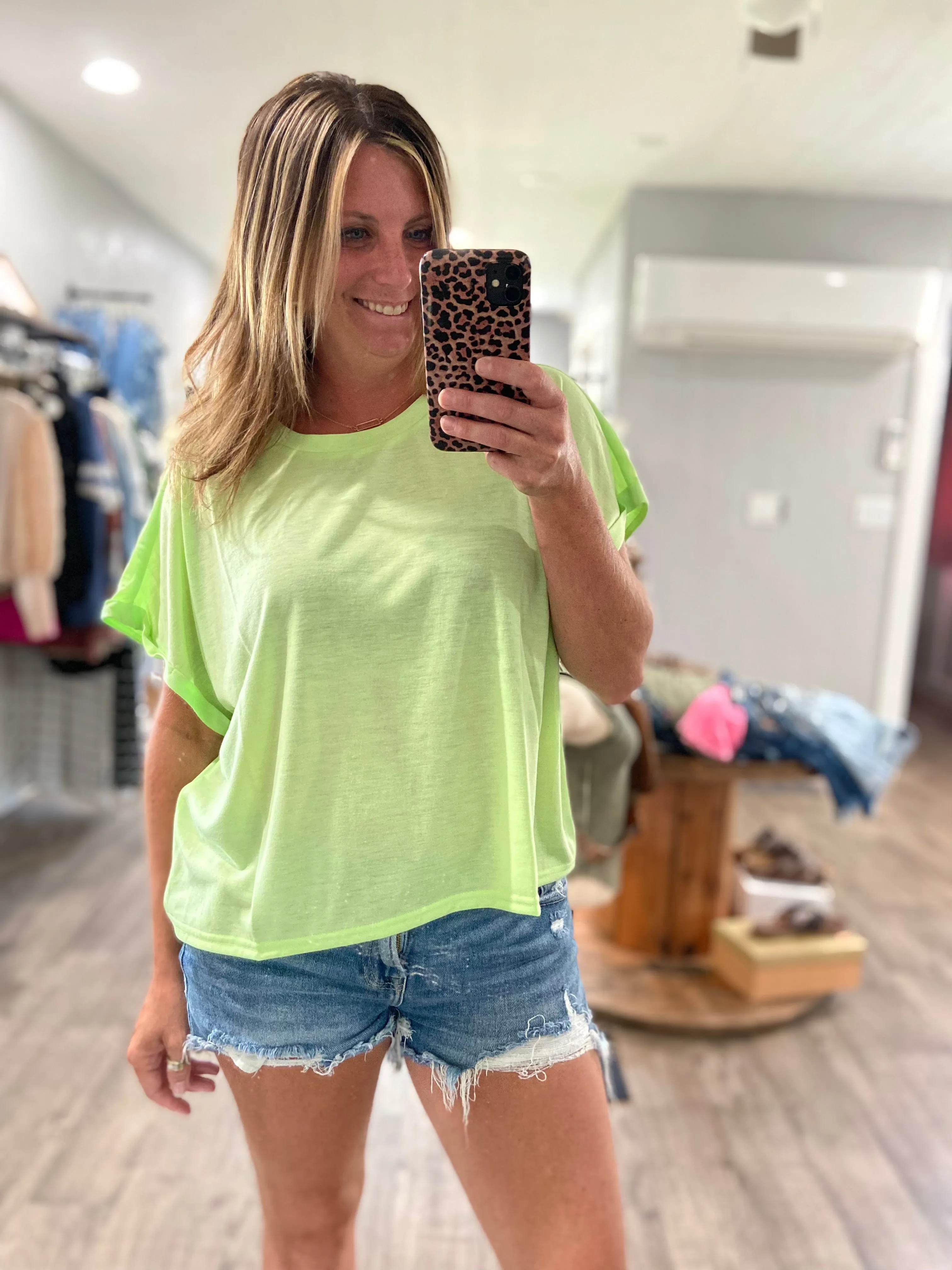 Round Neck Cuffed Sleeve Top in Lime