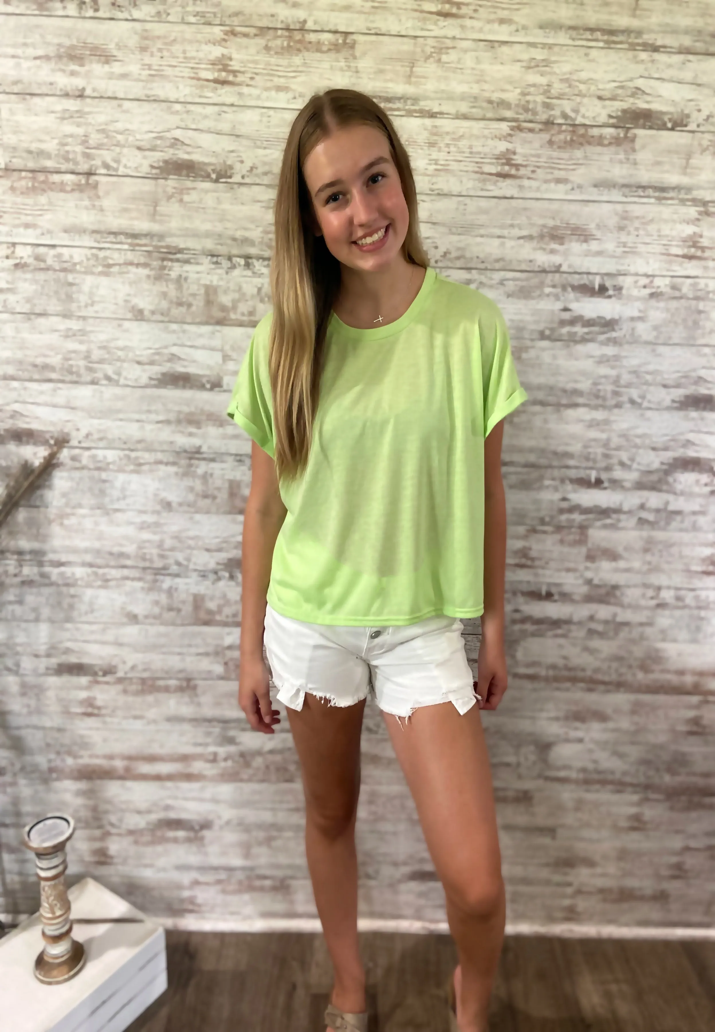Round Neck Cuffed Sleeve Top in Lime