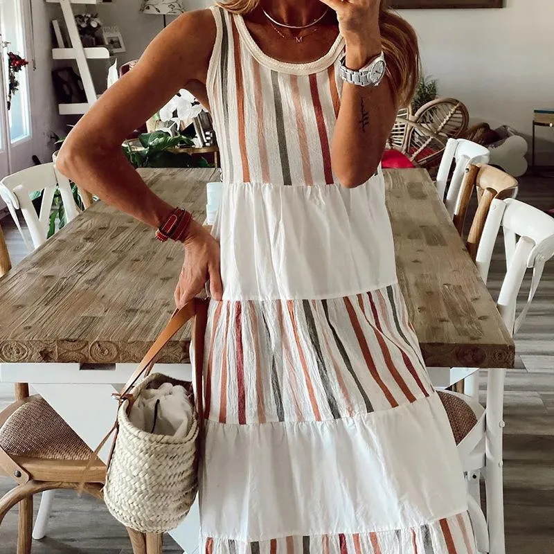 Round Sleeves Striped Long Dresses