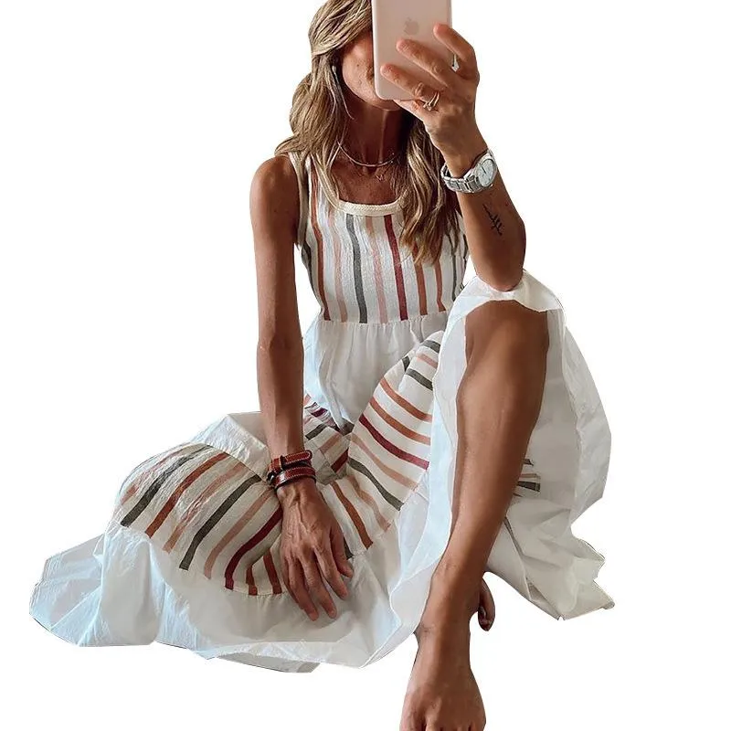 Round Sleeves Striped Long Dresses
