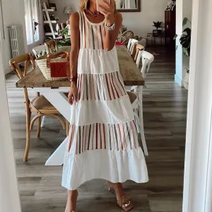 Round Sleeves Striped Long Dresses