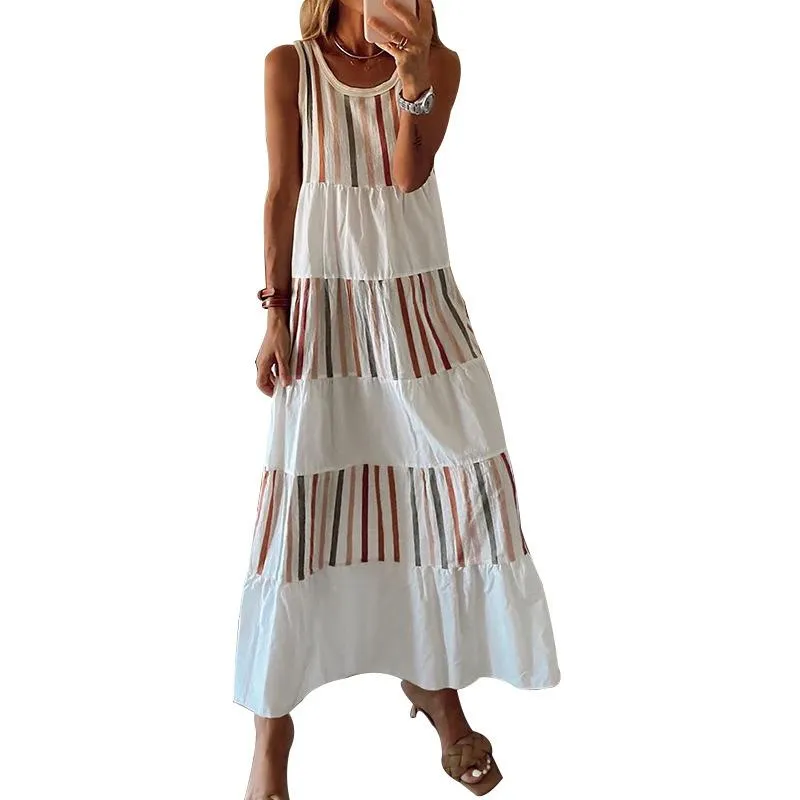 Round Sleeves Striped Long Dresses