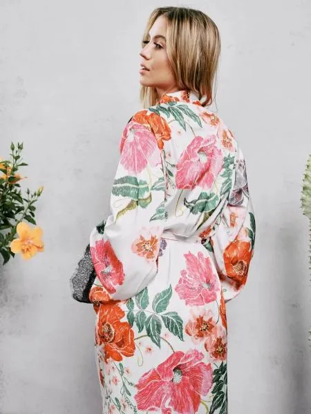 Satin Maxi Robe - Embroidered Floral Print -