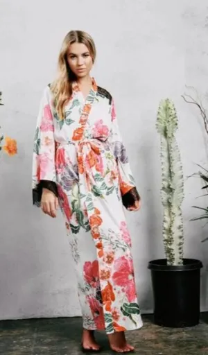 Satin Maxi Robe - Embroidered Floral Print -