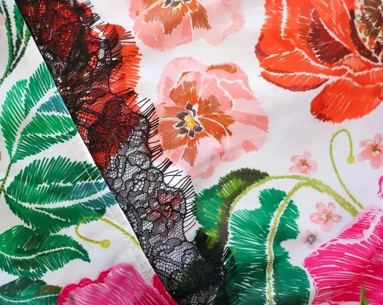 Satin Maxi Robe - Embroidered Floral Print -