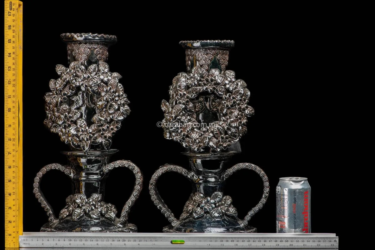 Set of 2 Black Glazed Candlesticks with Doves