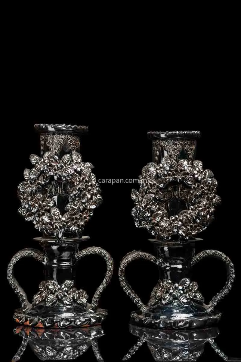 Set of 2 Black Glazed Candlesticks with Doves