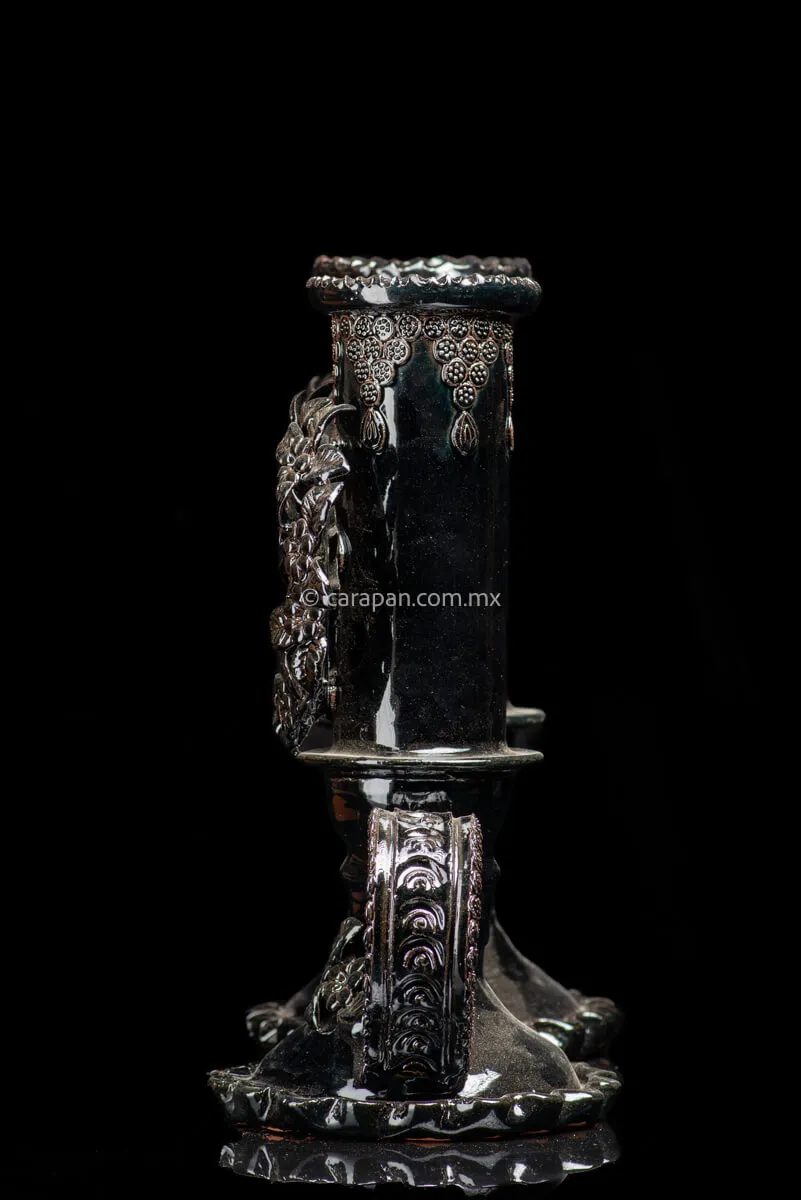 Set of 2 Black Glazed Candlesticks with Doves