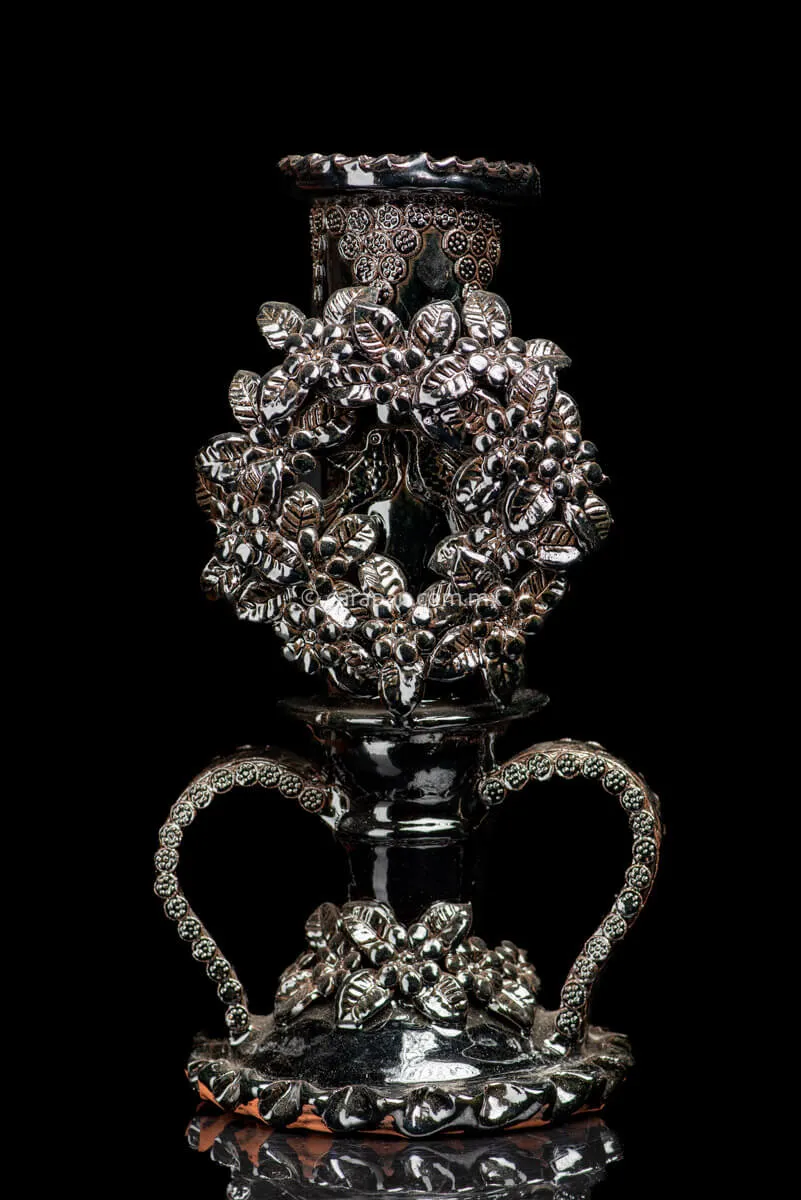 Set of 2 Black Glazed Candlesticks with Doves