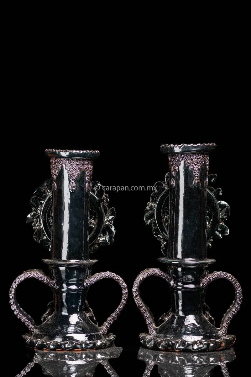 Set of 2 Black Glazed Candlesticks with Doves
