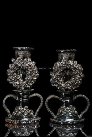 Set of 2 Black Glazed Candlesticks with Doves