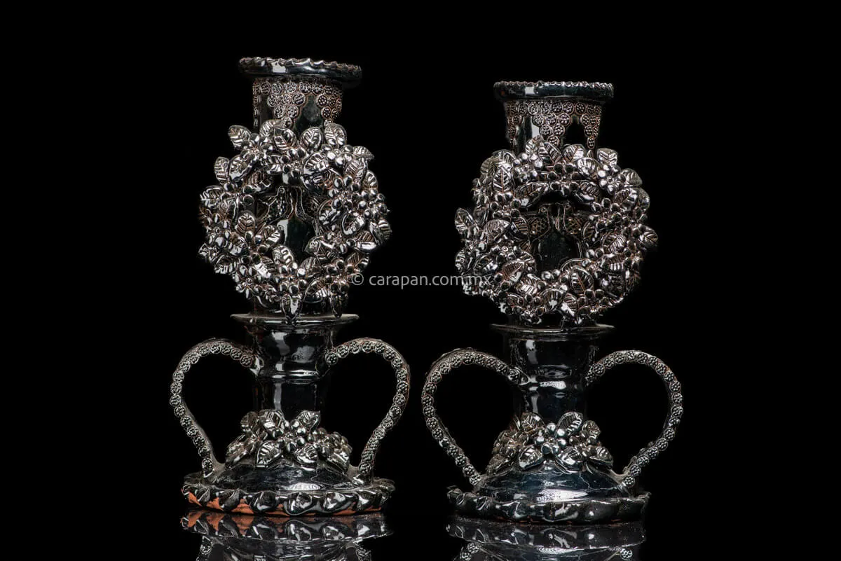 Set of 2 Black Glazed Candlesticks with Doves