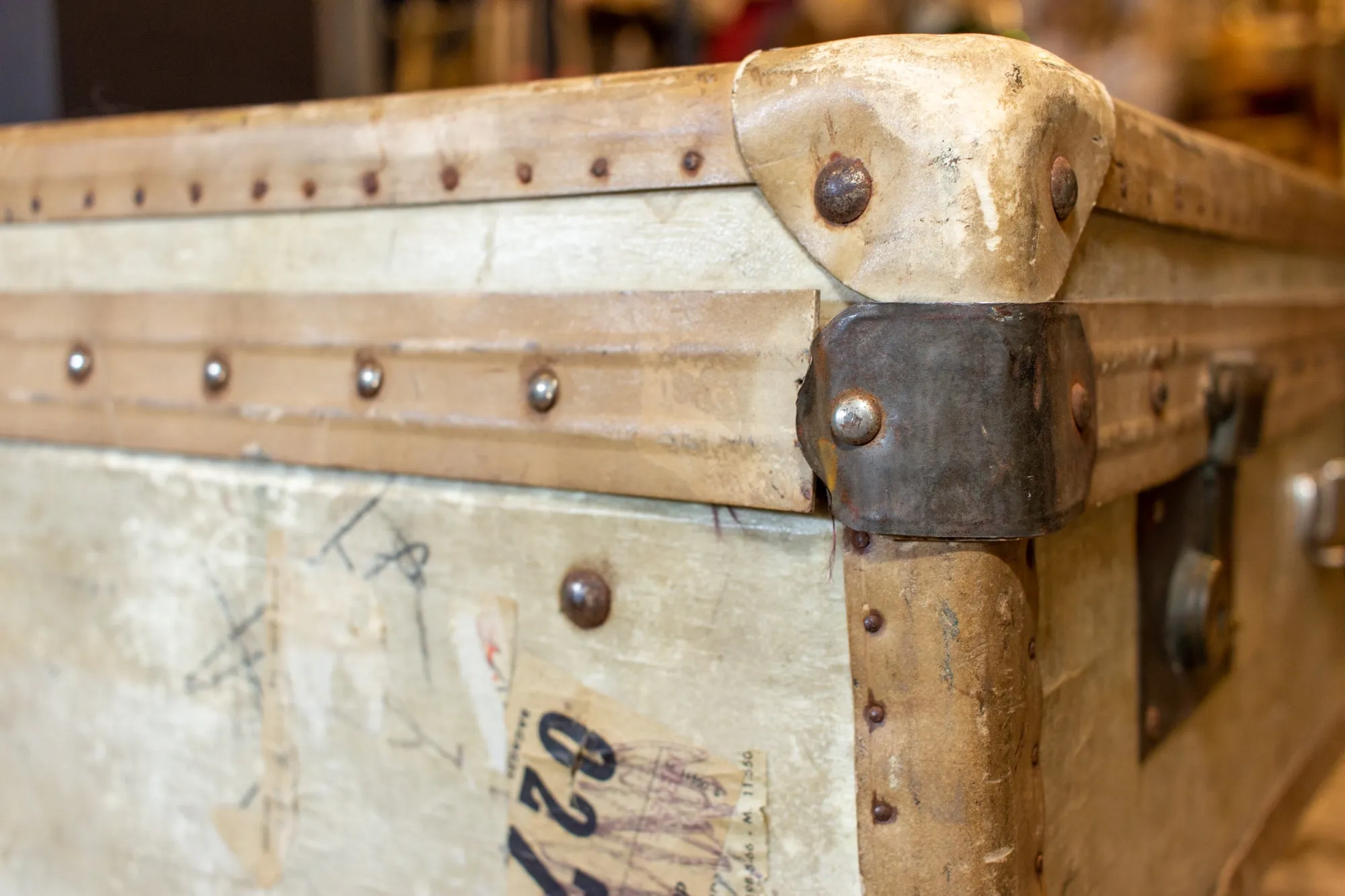 Side Table Crafted with Antique French Luggage & Custom Iron Base