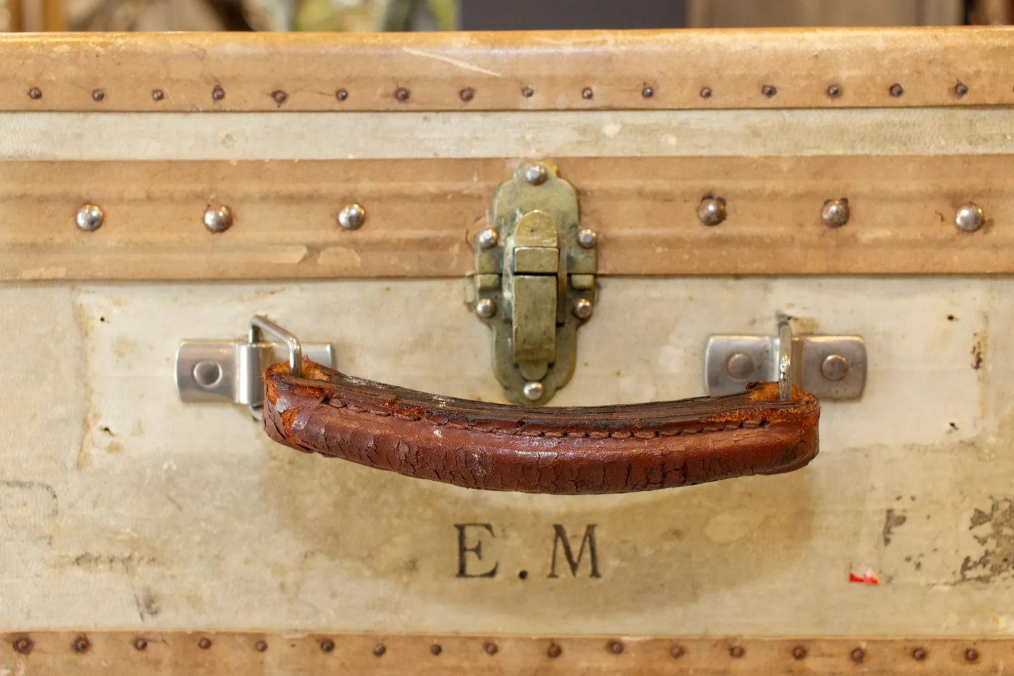 Side Table Crafted with Antique French Luggage & Custom Iron Base