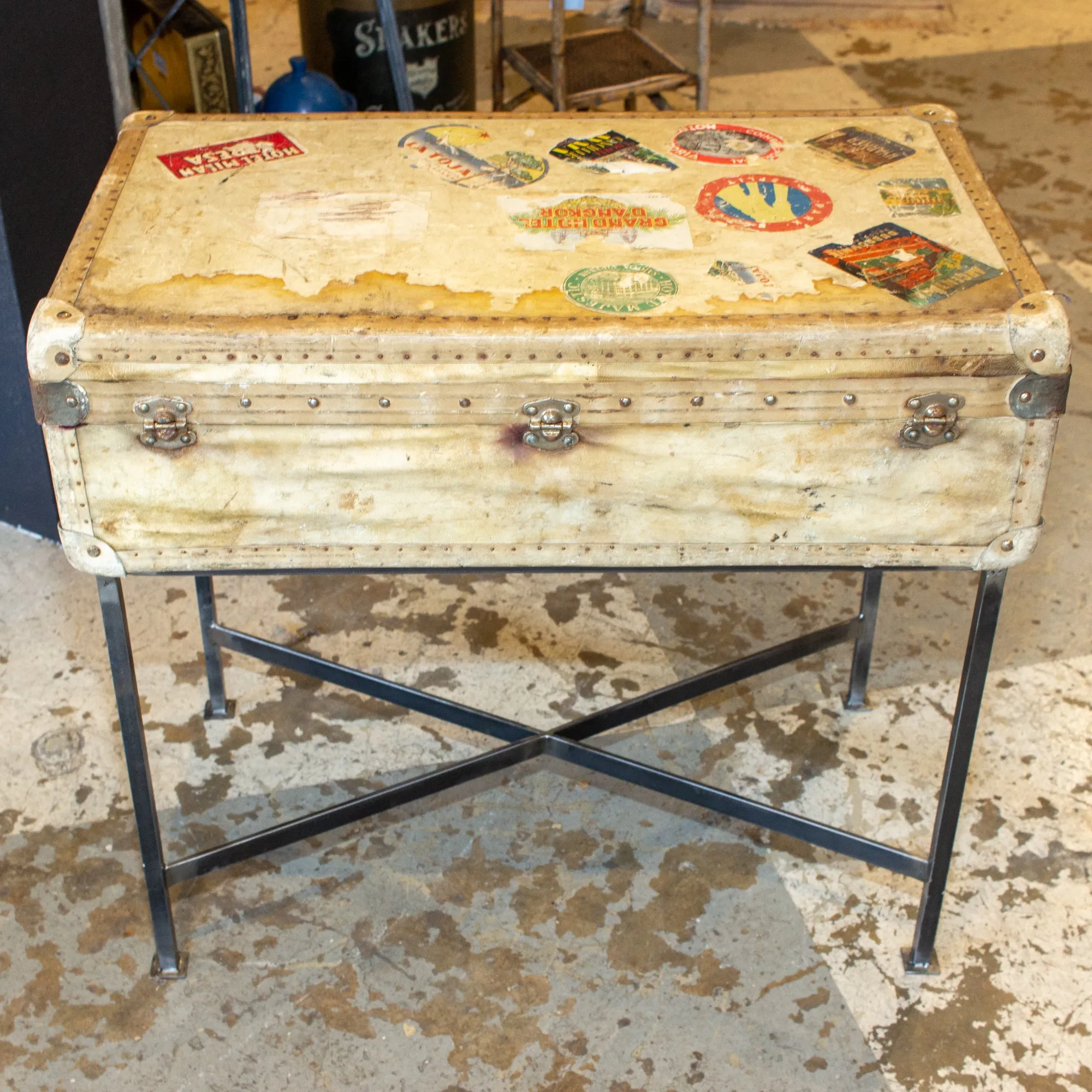 Side Table Crafted with Antique French Luggage & Custom Iron Base