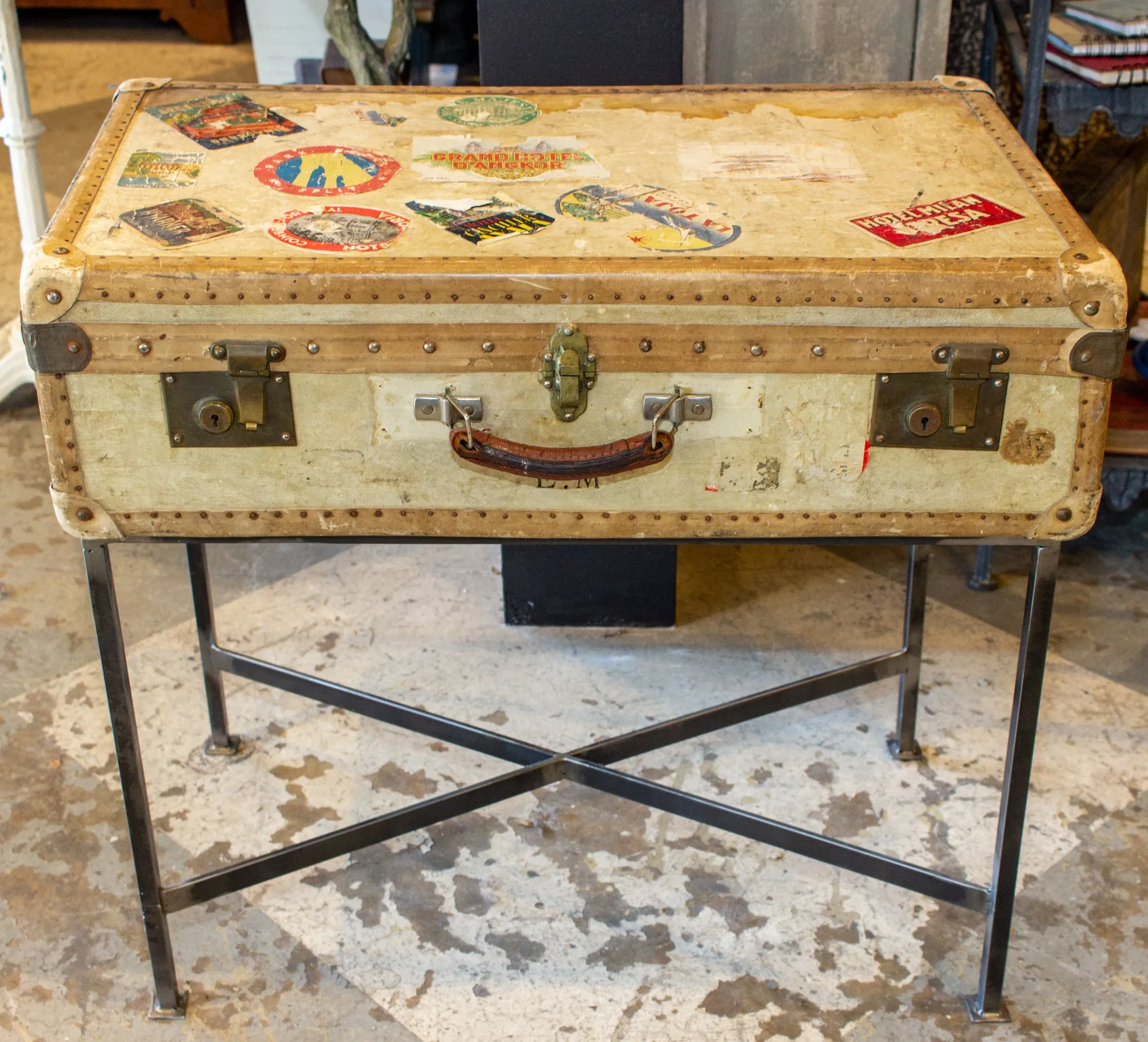 Side Table Crafted with Antique French Luggage & Custom Iron Base