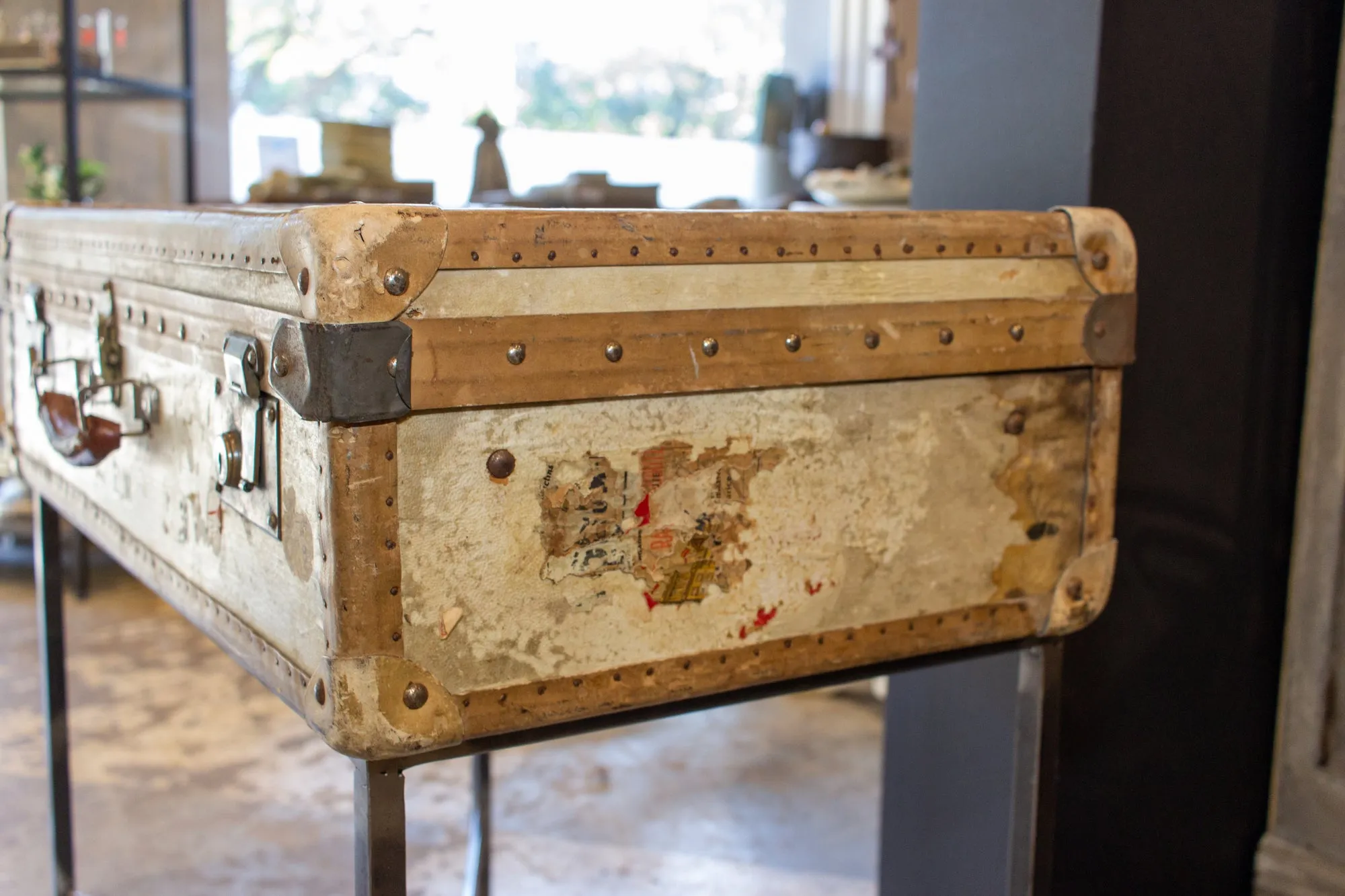 Side Table Crafted with Antique French Luggage & Custom Iron Base