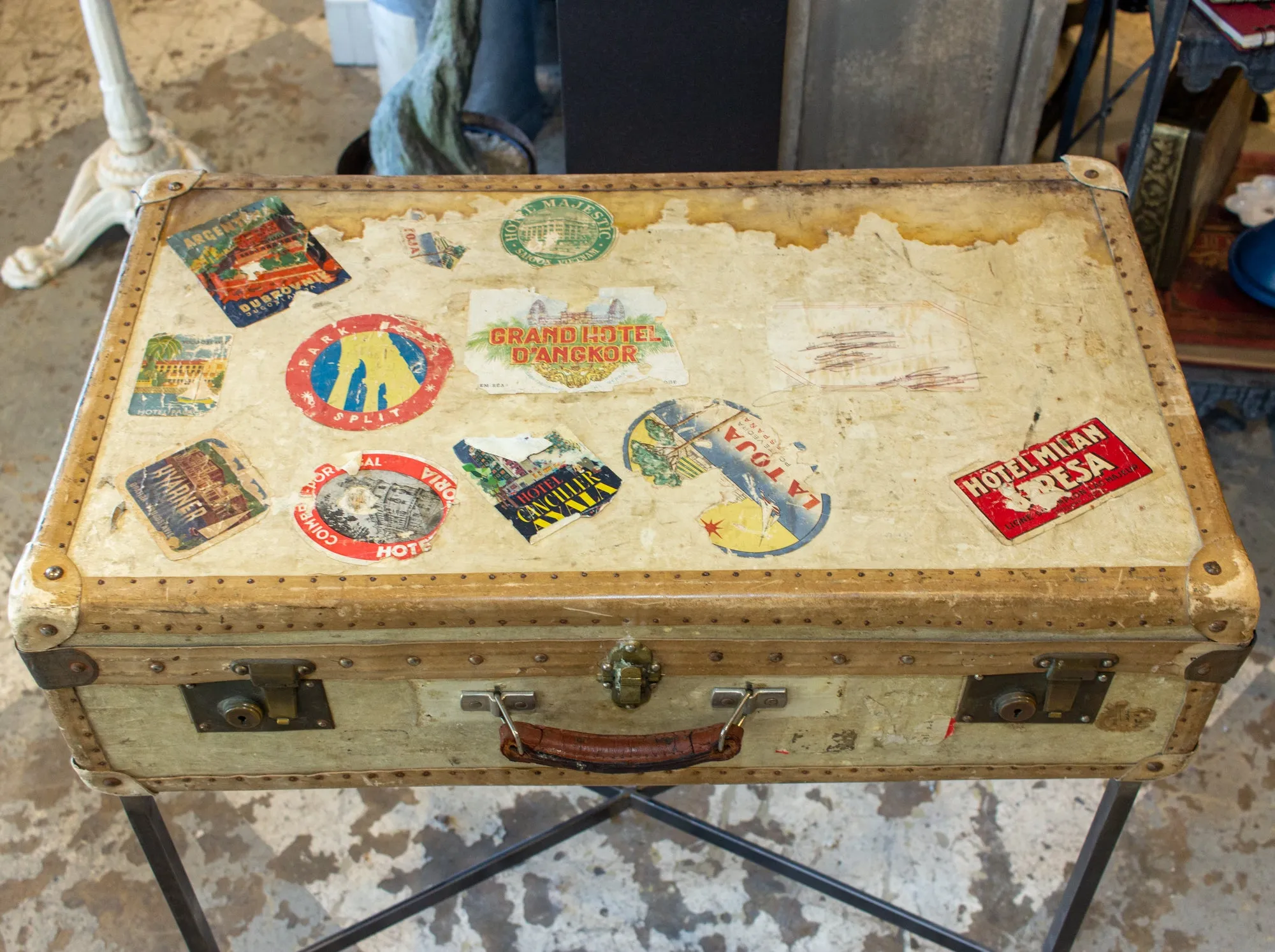 Side Table Crafted with Antique French Luggage & Custom Iron Base