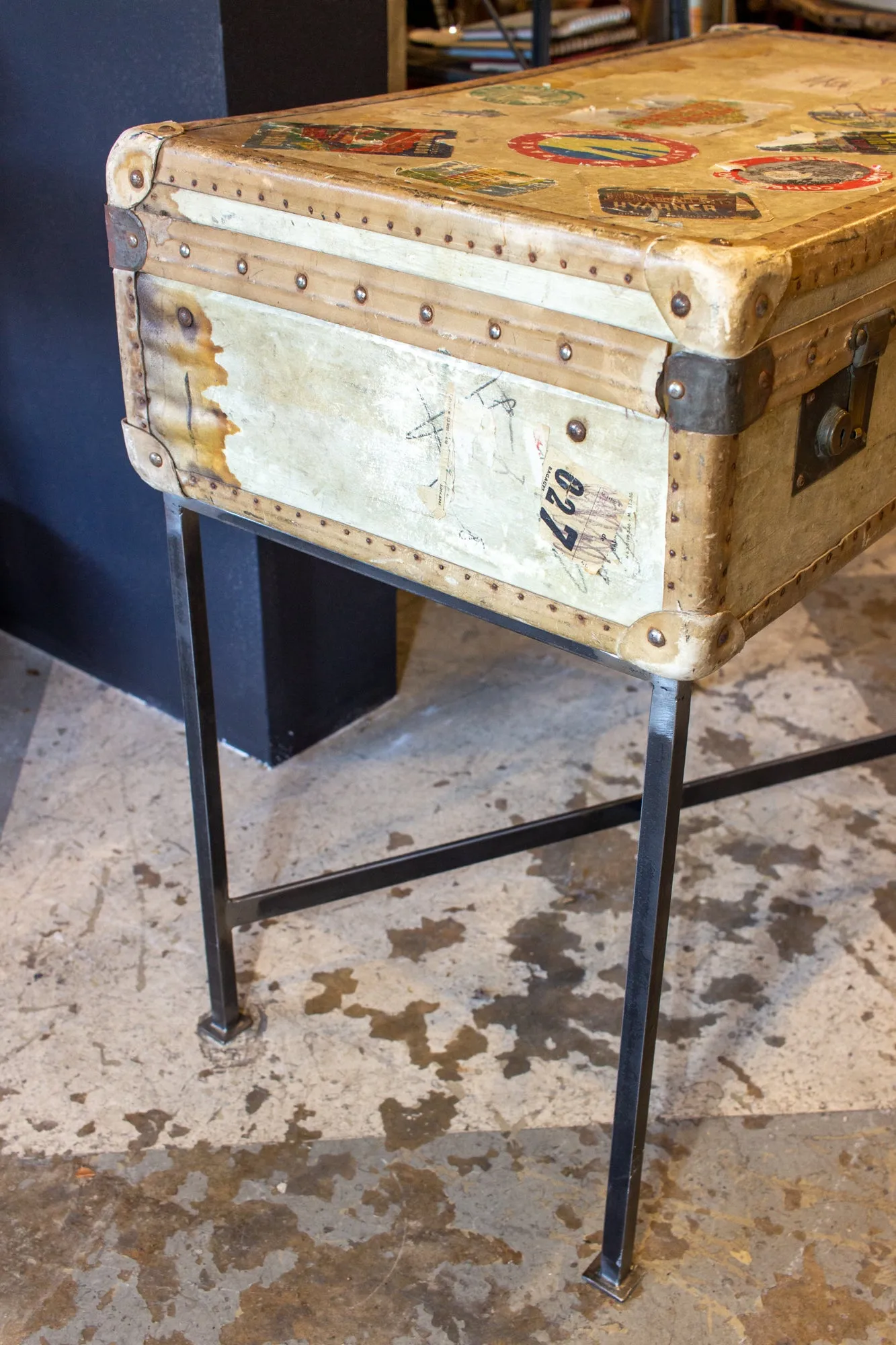 Side Table Crafted with Antique French Luggage & Custom Iron Base