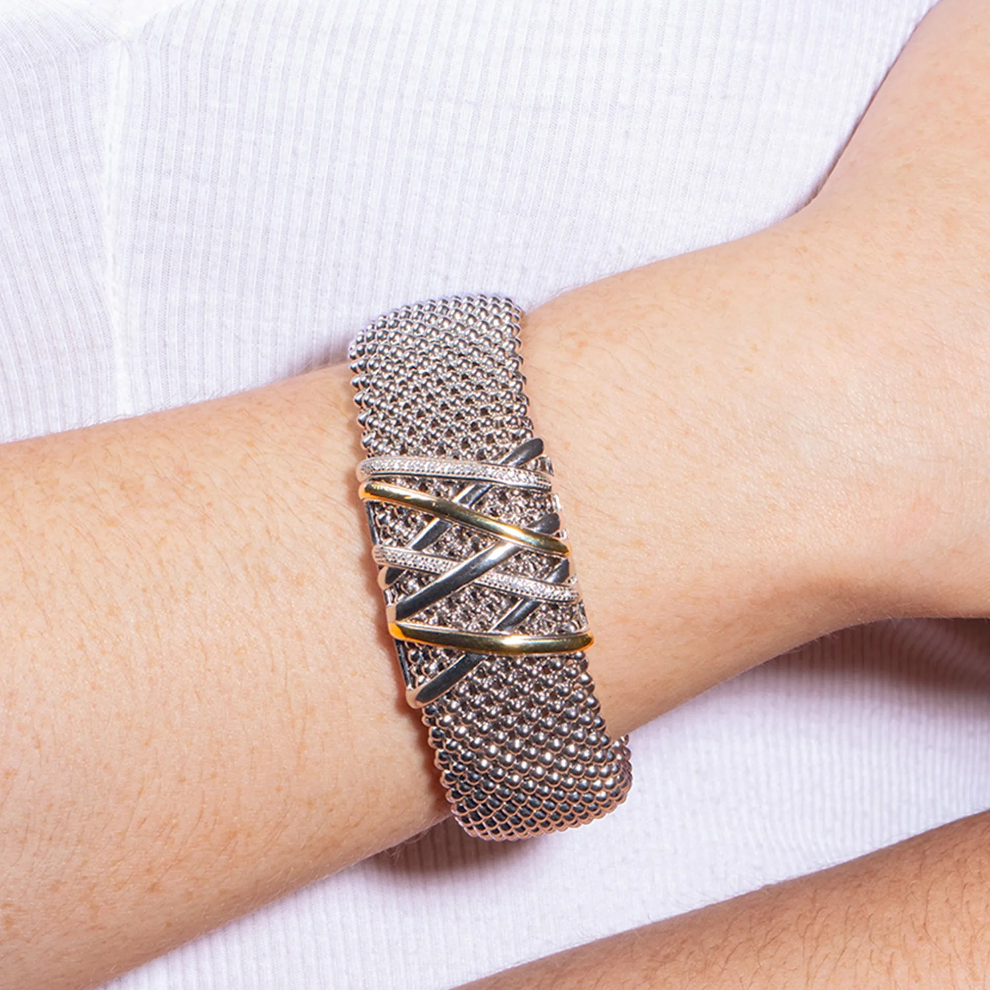 Silver & 18K Gold Bold Diamond Tally Cuff