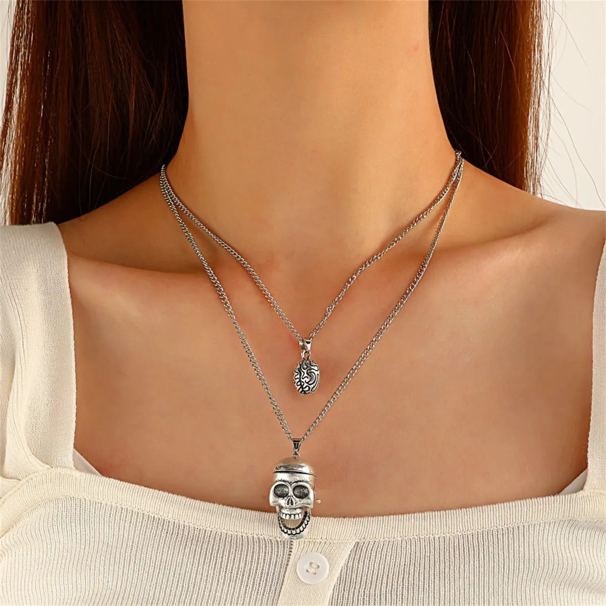 Silver-Plated Skull Pendant Layered Necklace