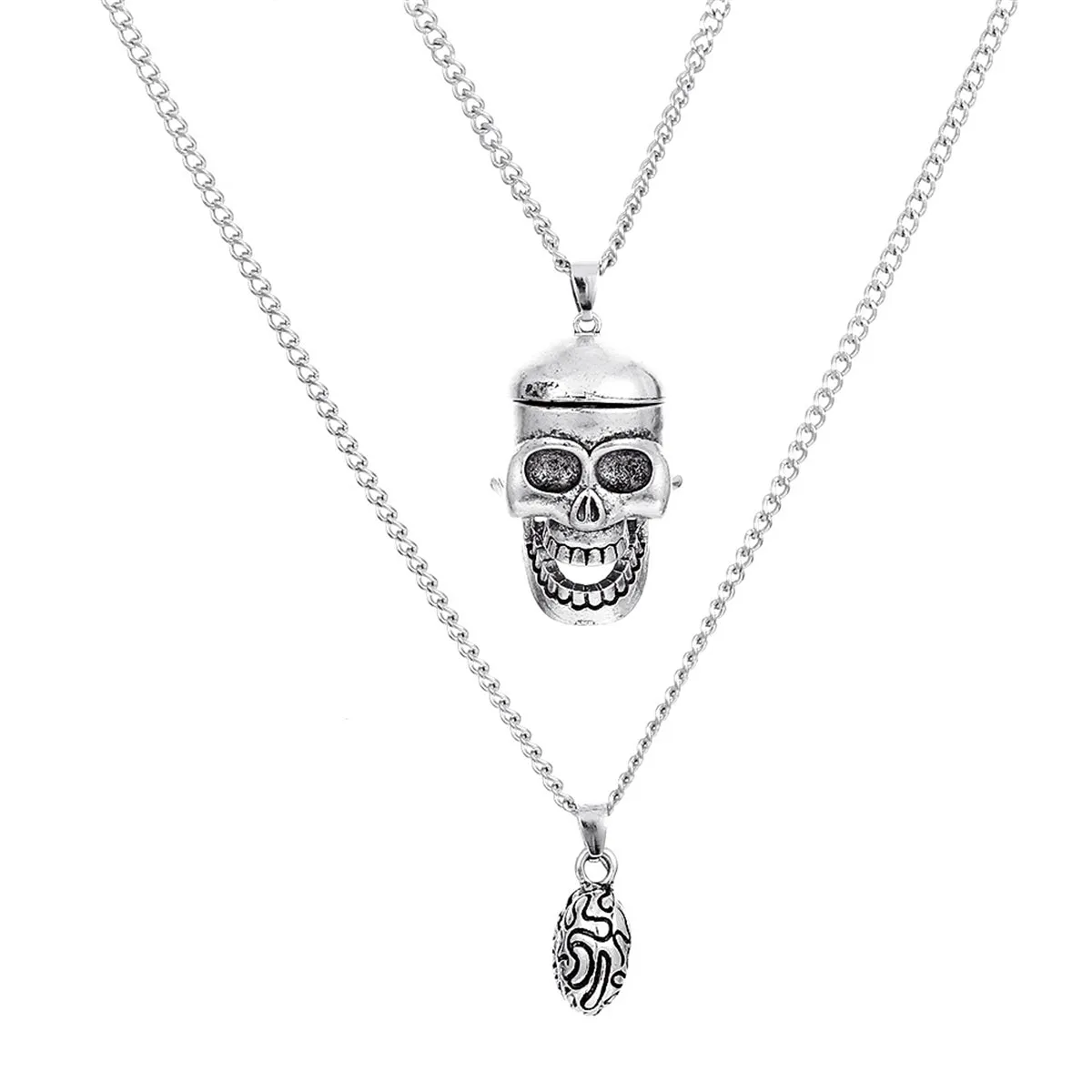 Silver-Plated Skull Pendant Layered Necklace